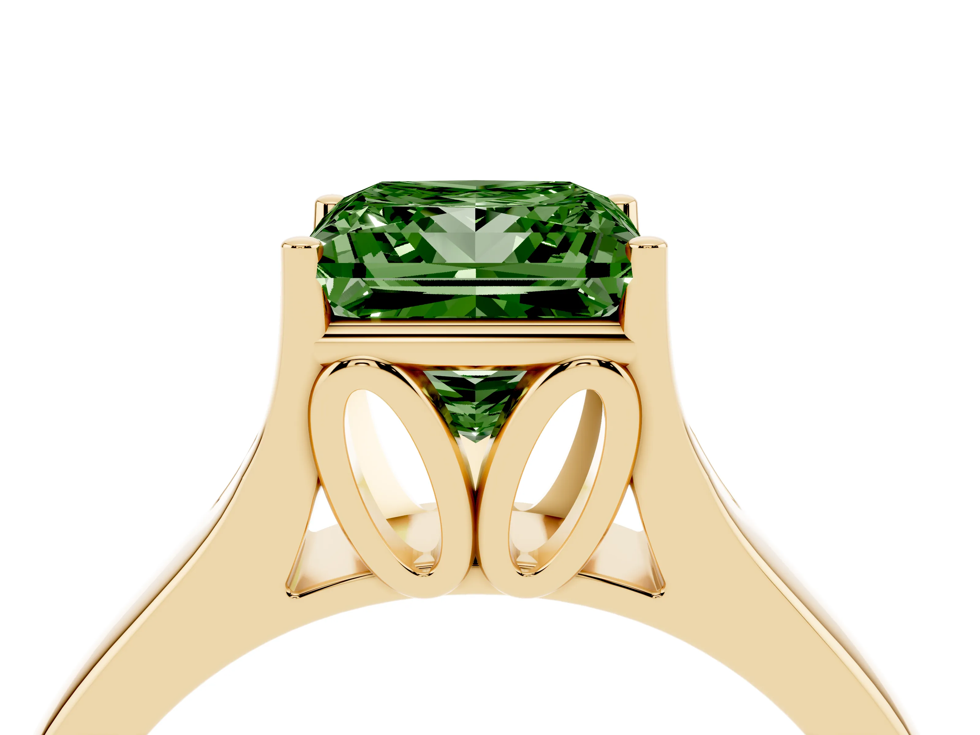 Fancy Green Princess Cut Diamond Solitaire Ring Set in Yellow gold with Arched Cathedral Band and Prong Setting