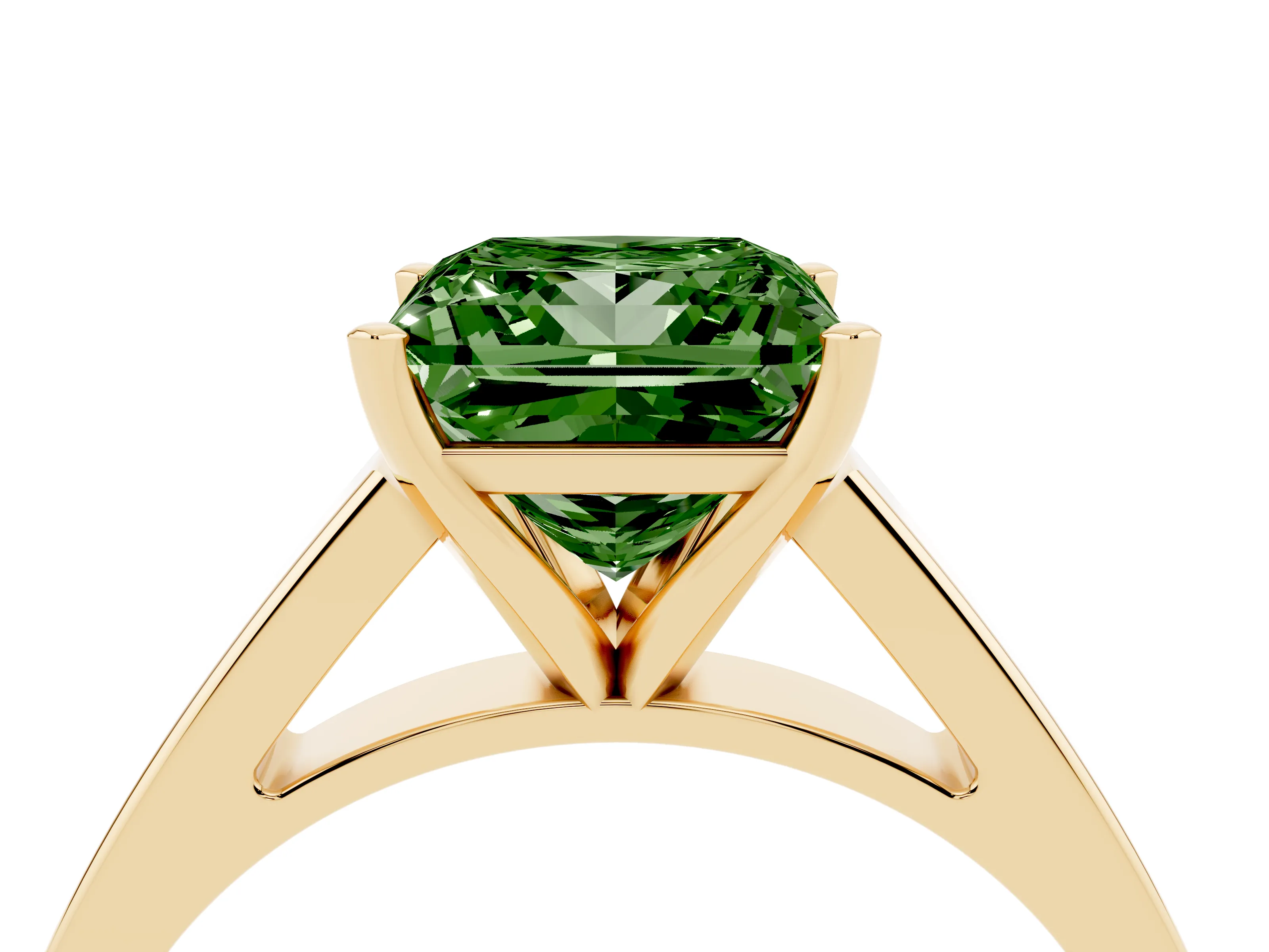 Fancy Green Princess Cut Diamond Solitaire Engagement Ring Set in Yellow gold with Prong Setting and Tapered Band