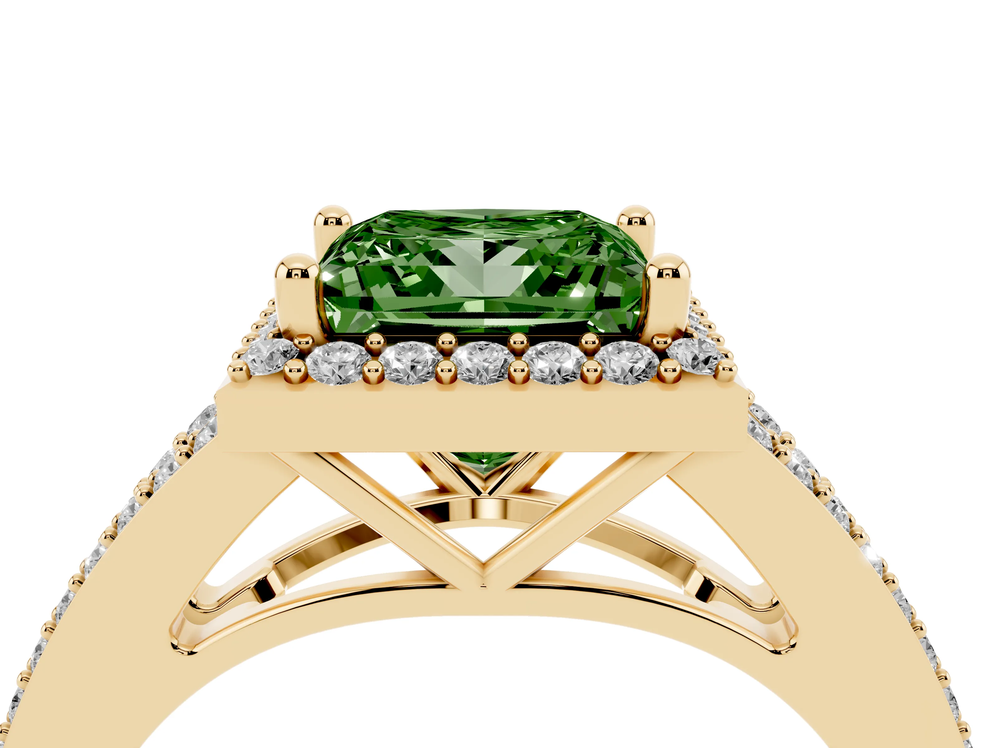 Fancy Green Princess Cut Diamond Halo Split Shank Pavé Ring Set in Yellow gold with Prong Setting