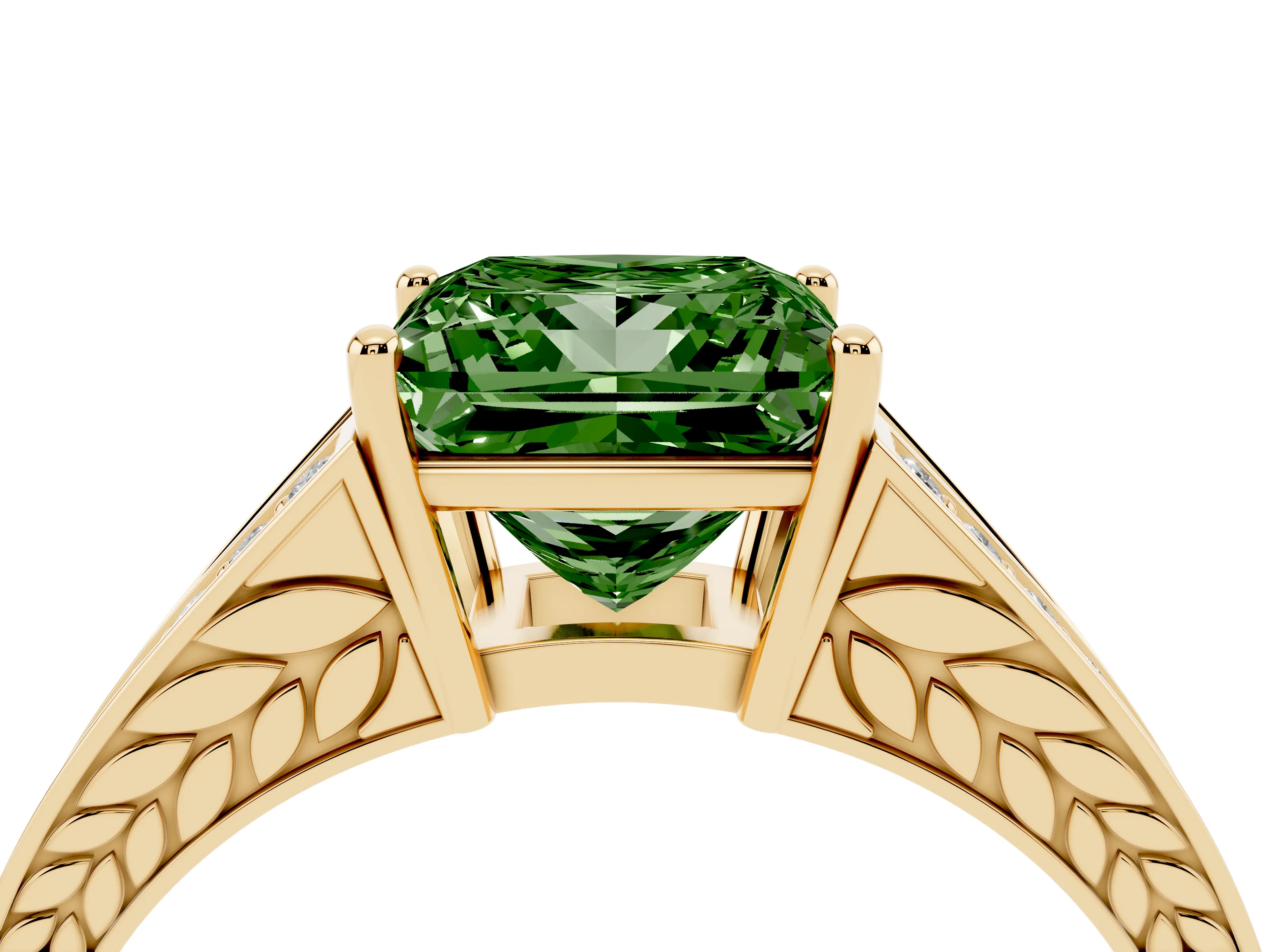Fancy Green Princess Cut Diamond Split Shank Ring Set in Yellow gold with Pavé Band and Prong Setting