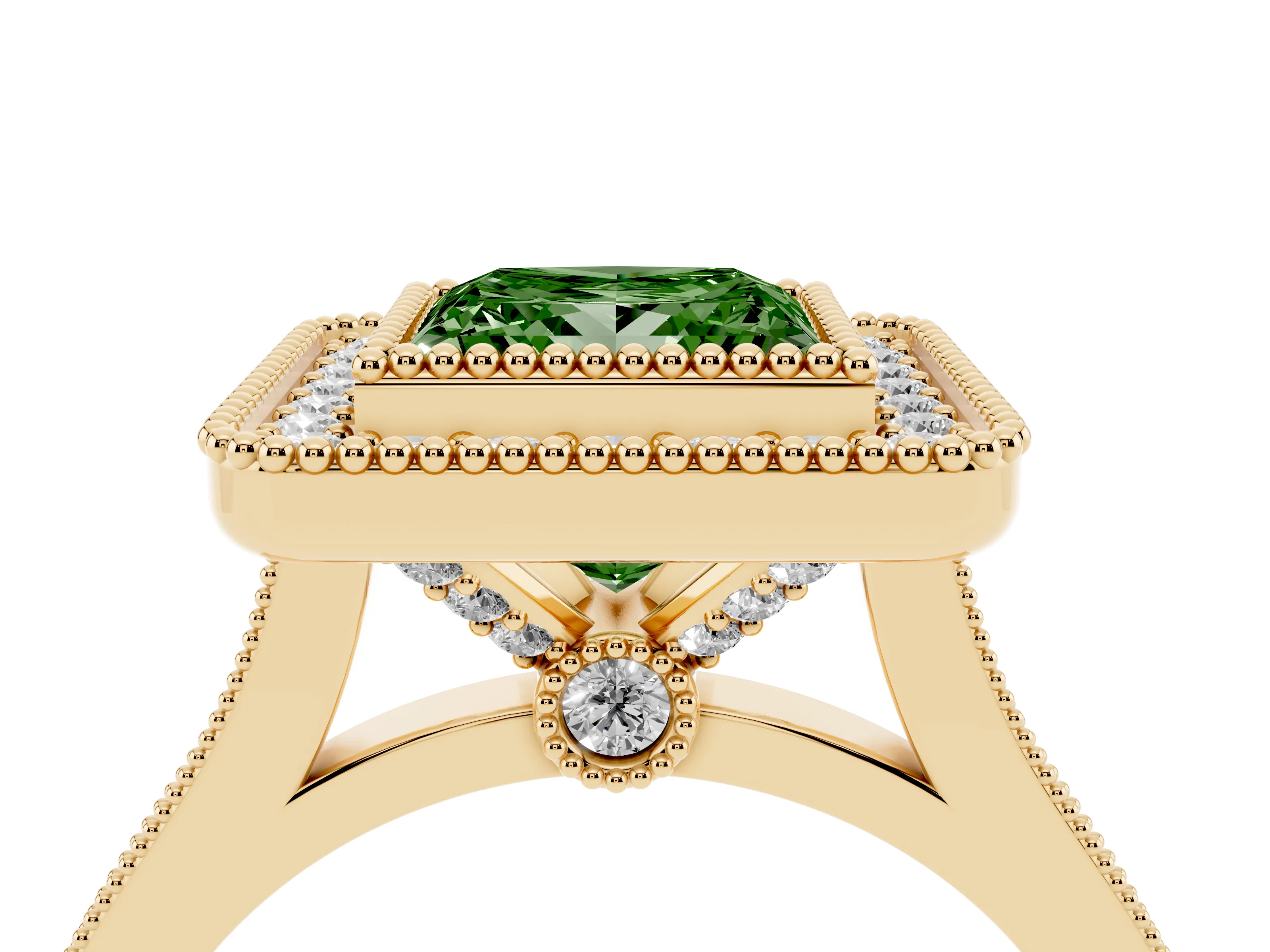 Fancy Green Princess Cut Diamond Halo Ring Set in Yellow gold with Milgrain Frame and Pavé Band