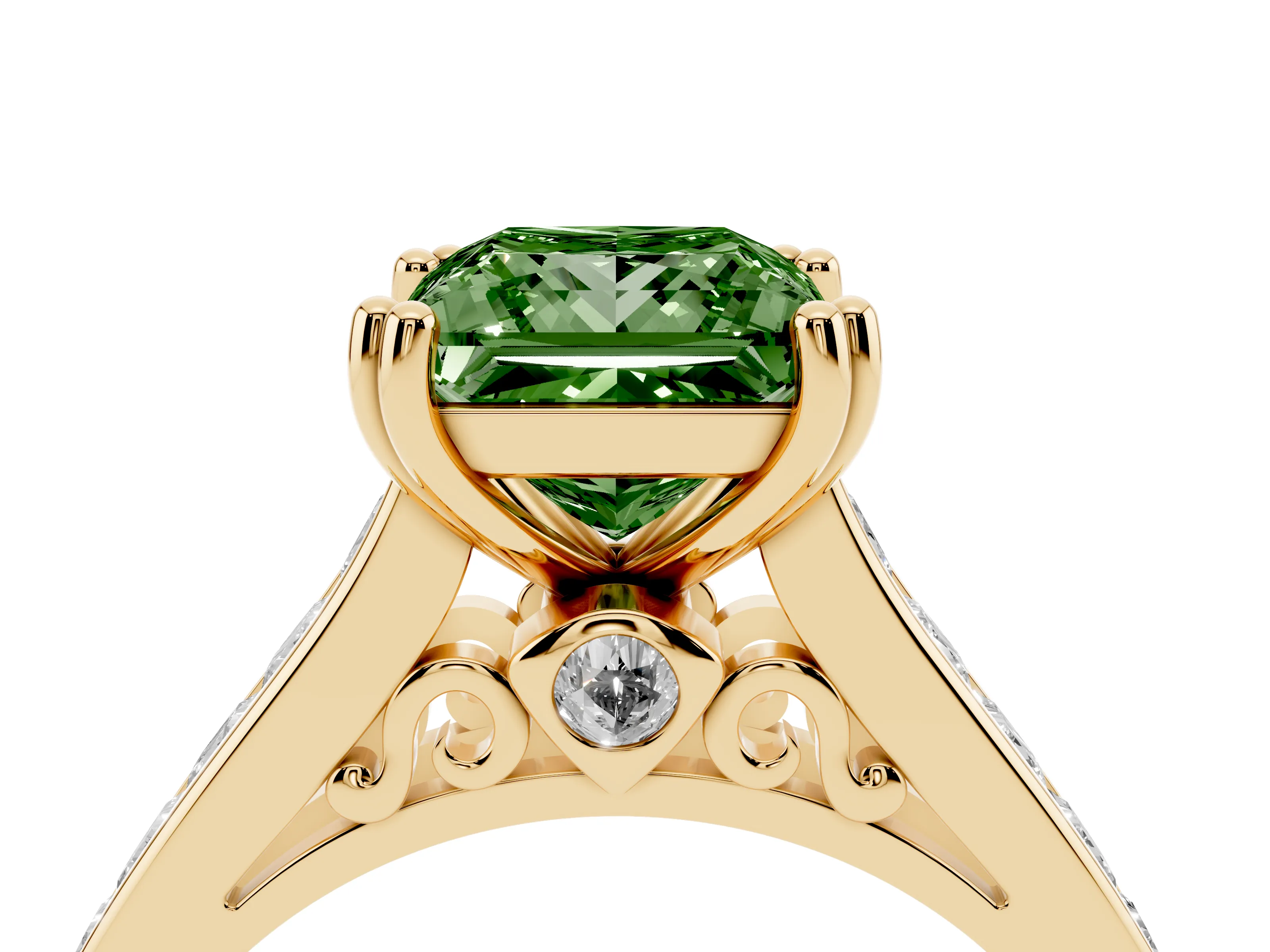 Fancy Green Princess Cut Diamond Channel Set Solitaire Engagement Ring Set in Yellow gold with Prong Setting