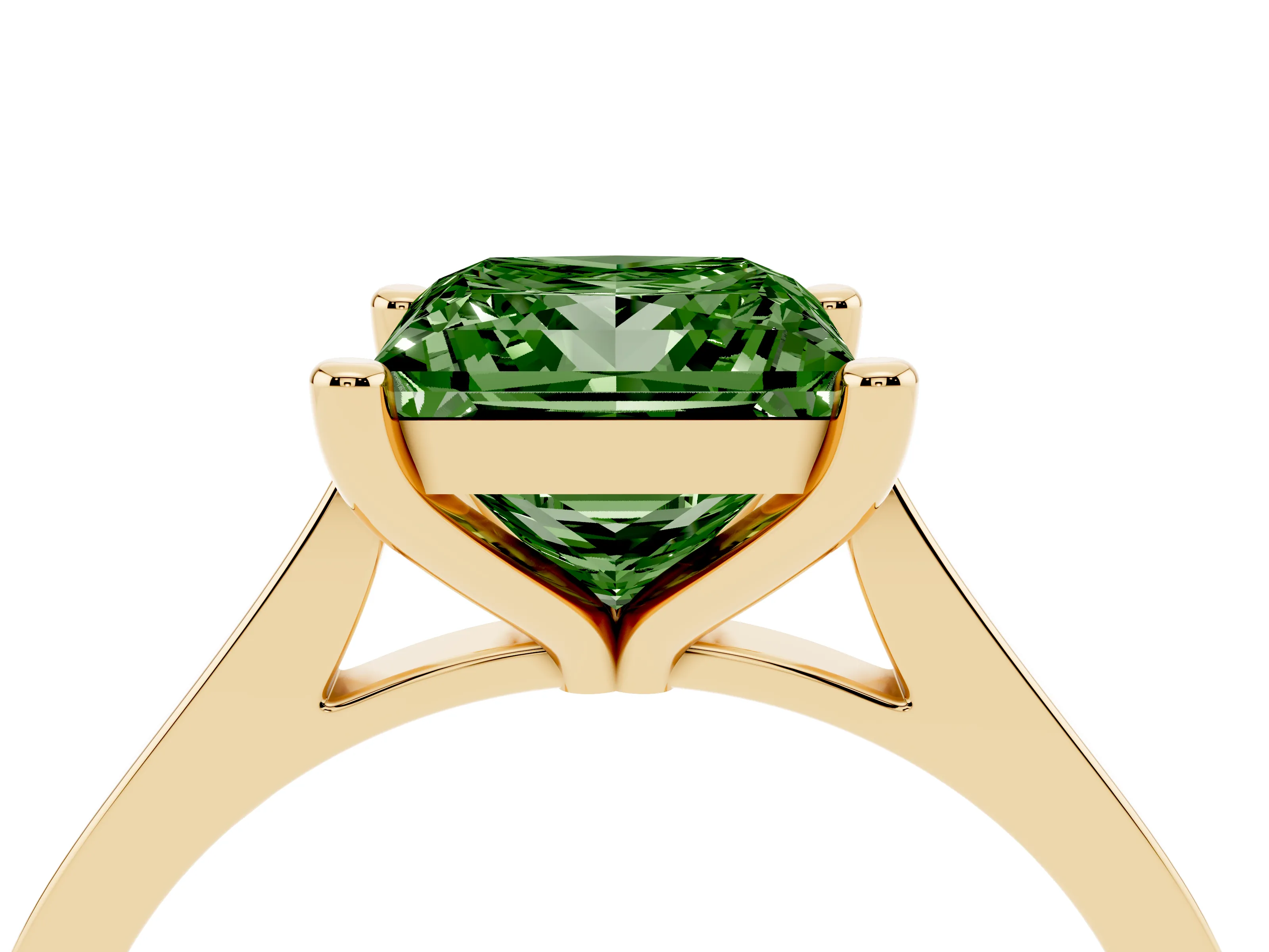 Fancy Green Princess Cut Diamond Solitaire Ring Set in Yellow gold with Prong Setting and Tapered Band