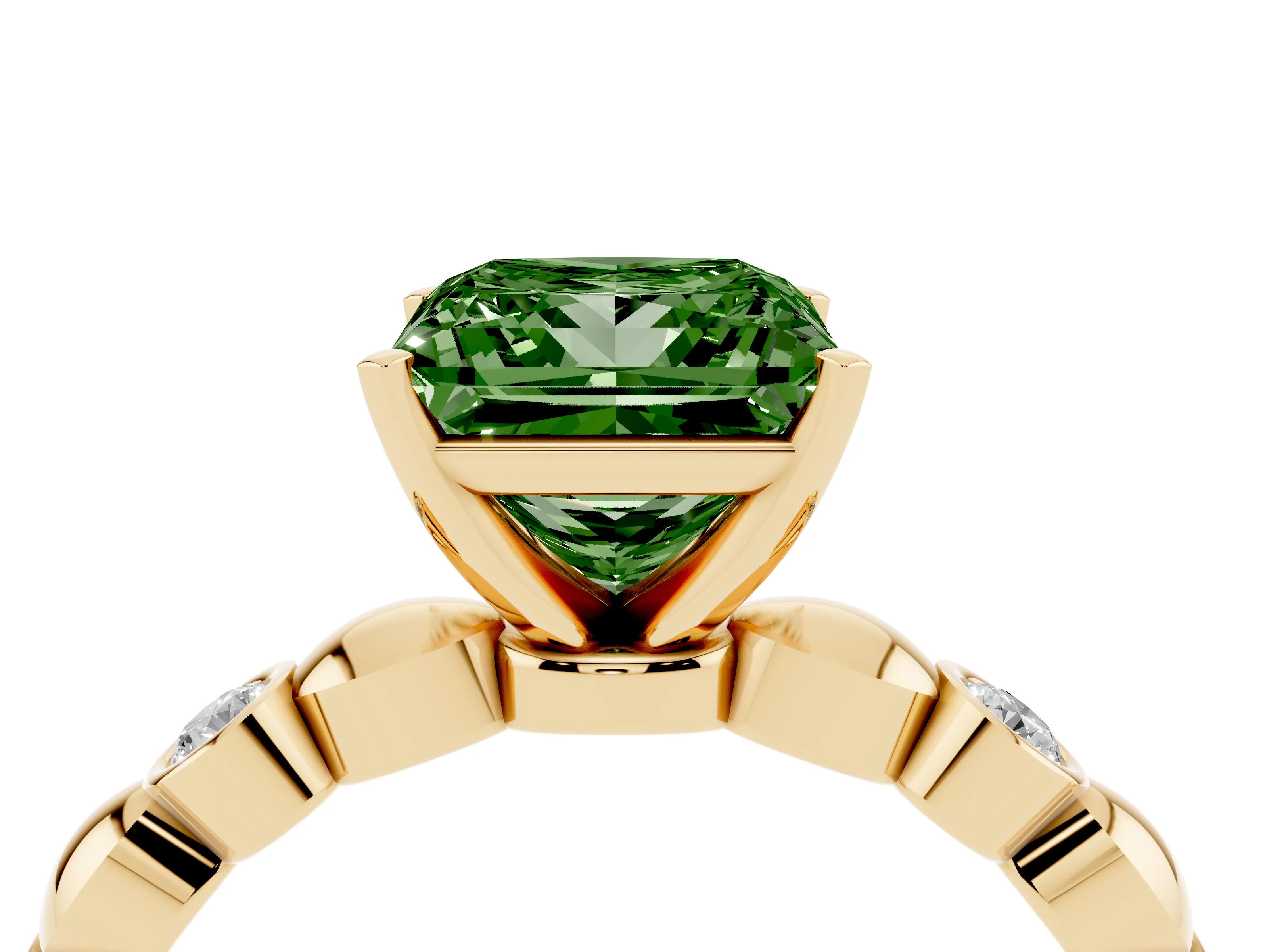 Fancy Green Princess Cut Diamond Solitaire Ring Set in Yellow gold with Bezel-Set Accents on Beaded Band and Prong Setting