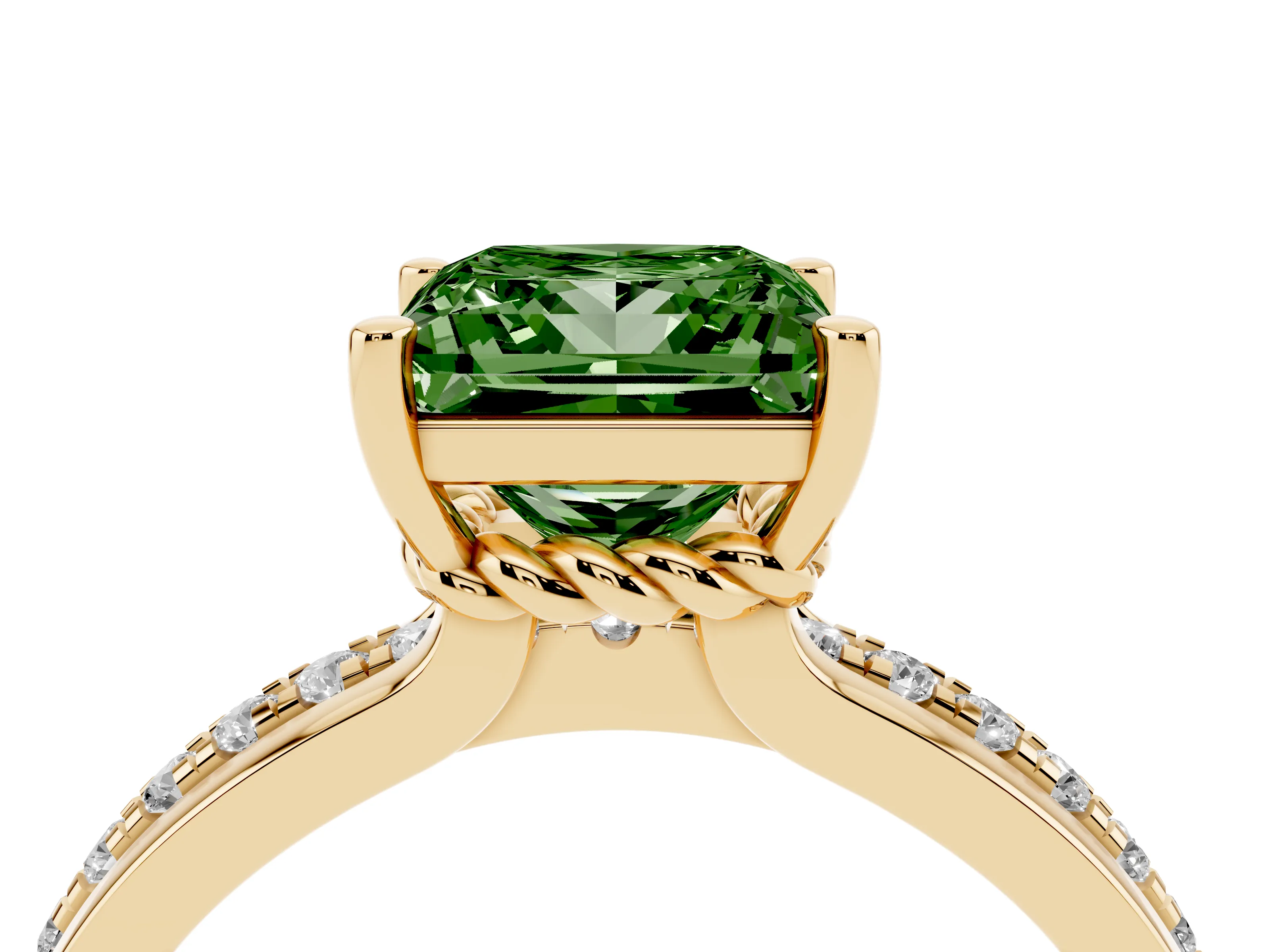 Fancy Green Princess Cut Diamond Solitaire Ring Set in Yellow gold with Channel Set Band and Prong Setting