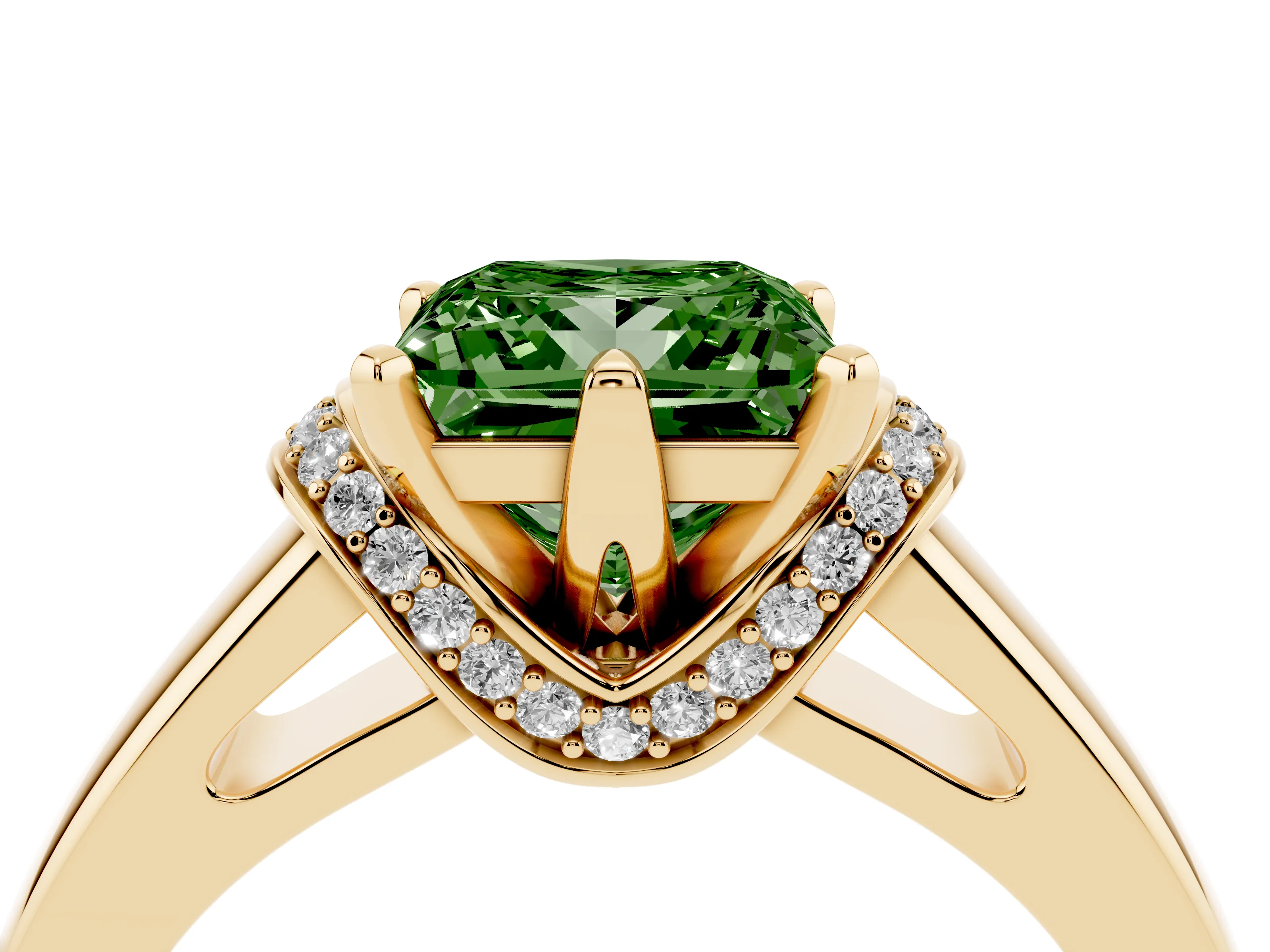 Fancy Green Princess Cut Diamond Pavé Band Solitaire Ring Set in Yellow gold with Prong Setting
