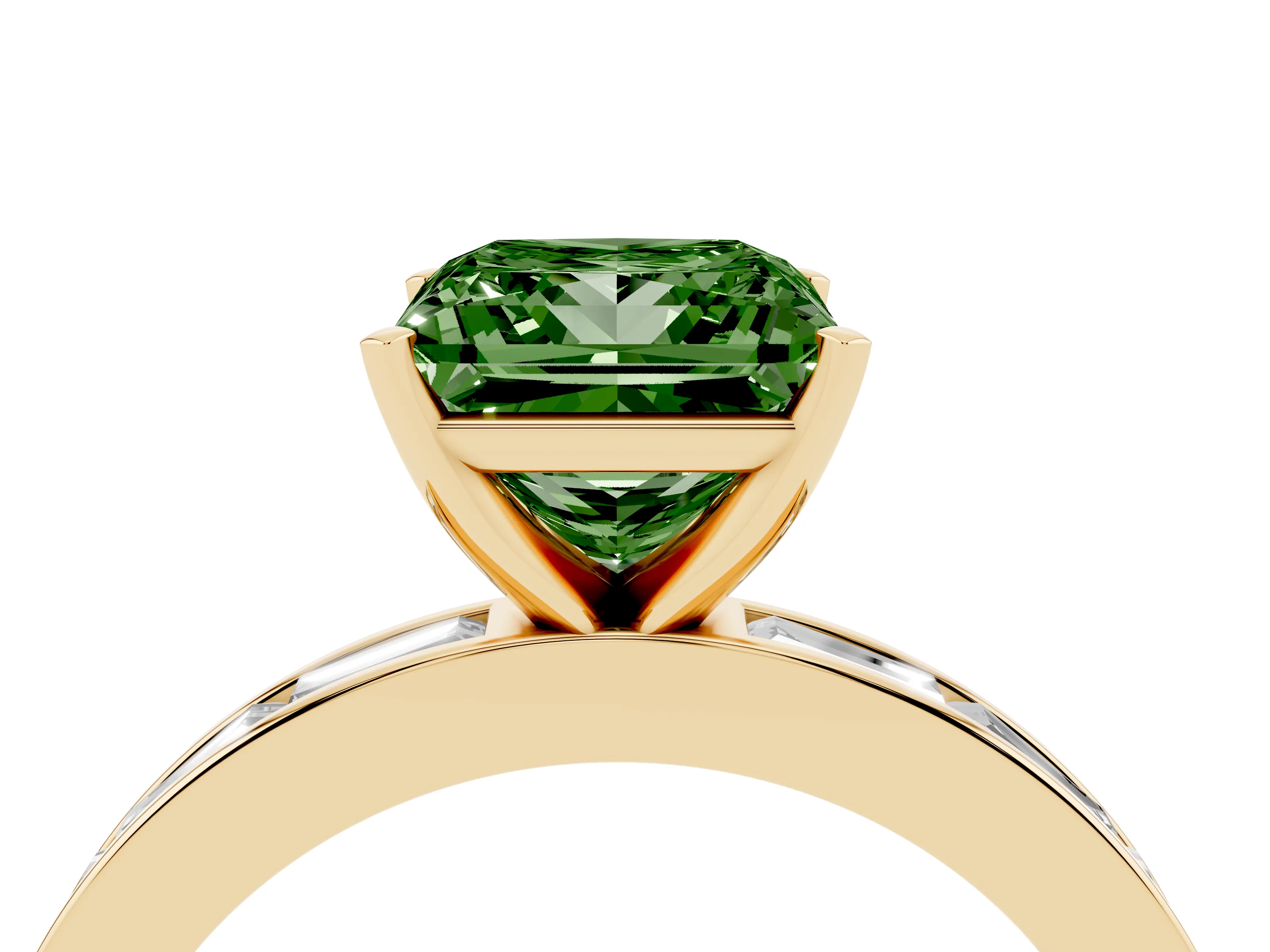 Fancy Green Princess Cut Diamond Solitaire Ring Set in Yellow gold with Channel-Set Baguette Band and Prong Setting