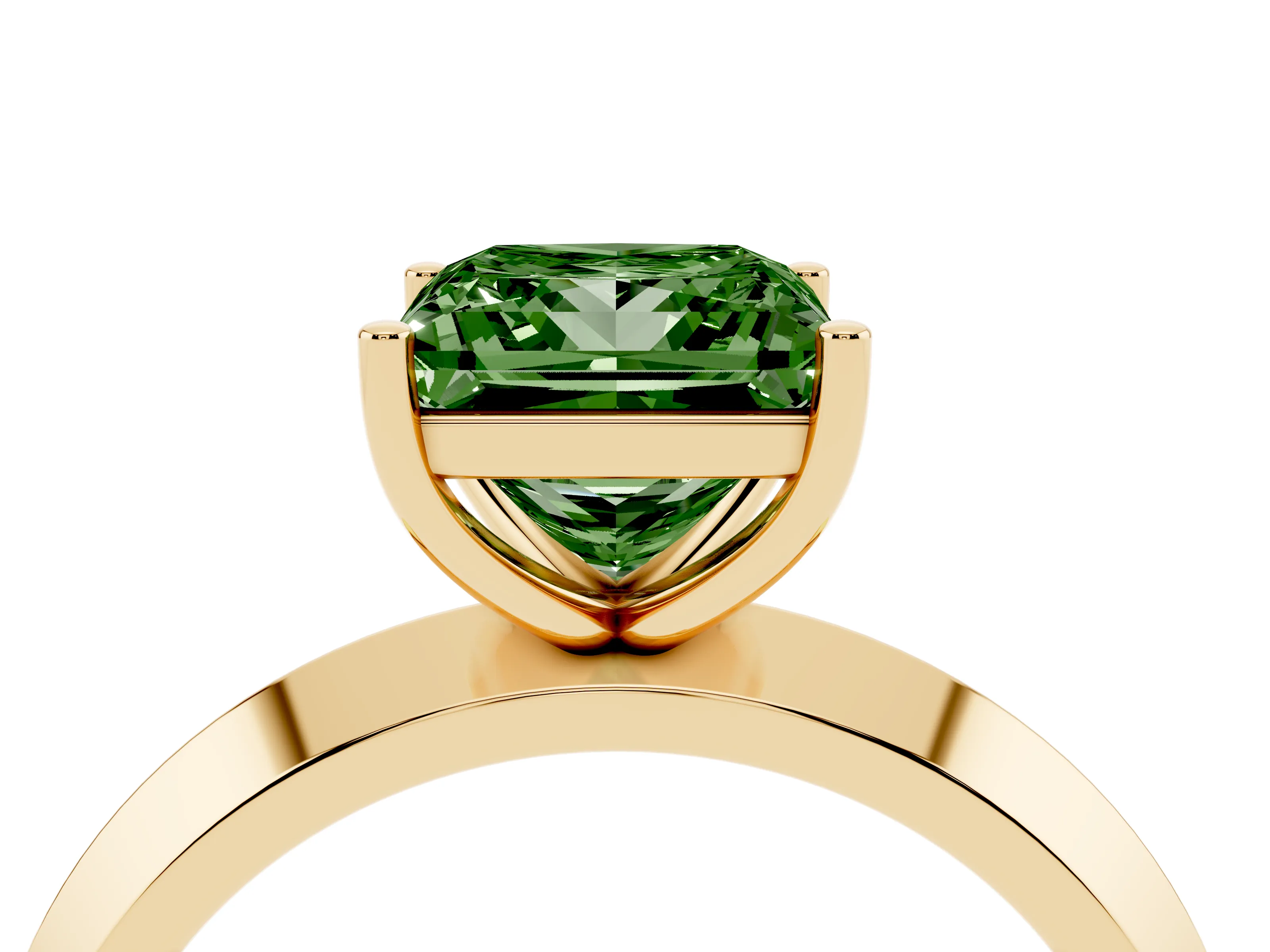 Fancy Green Princess Cut Diamond Solitaire Engagement Ring Set in Yellow gold with Flat Band and Prong Setting