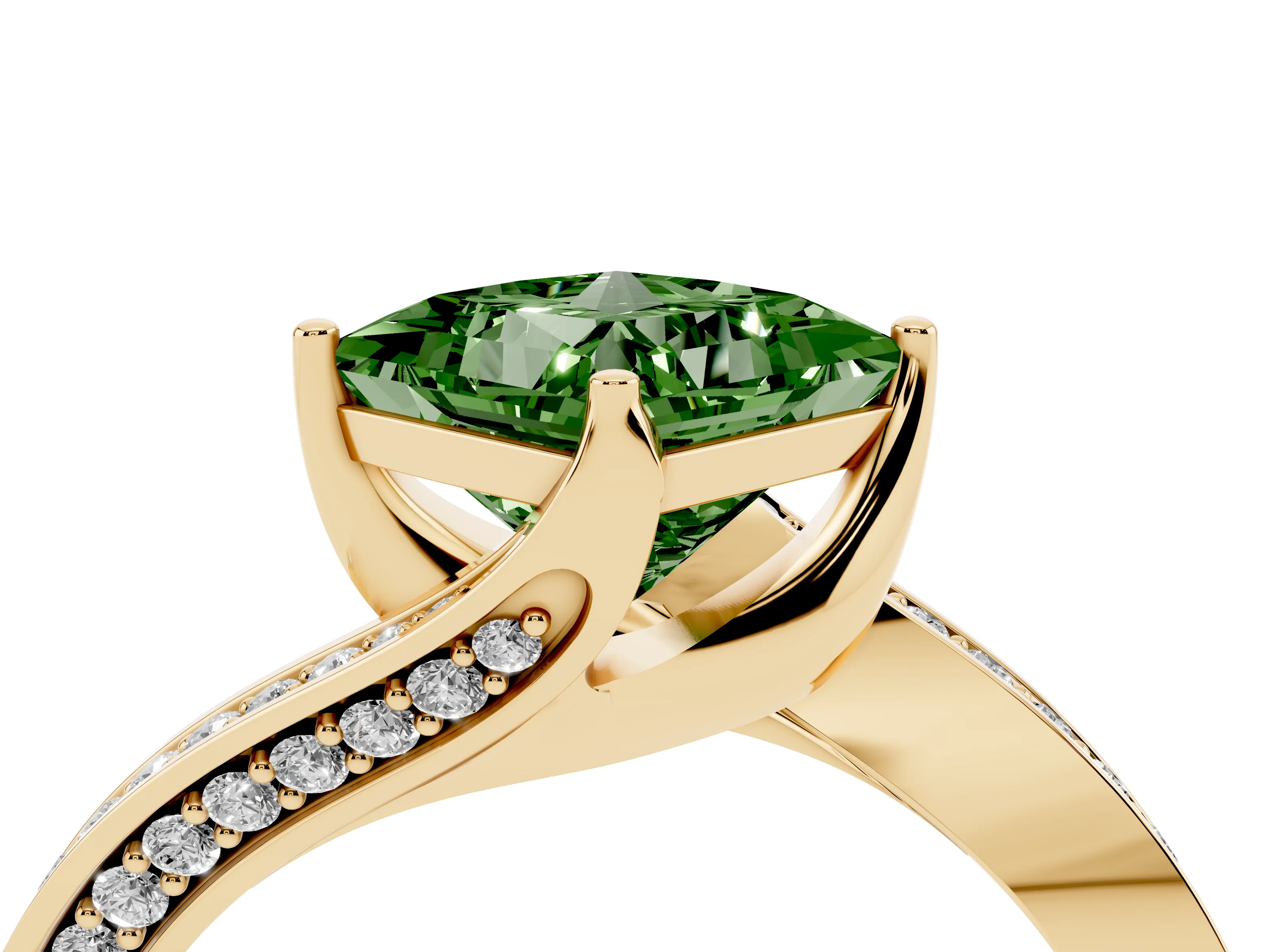 Fancy Green Princess Cut Diamond Solitaire Ring Set in Yellow gold with Intertwined Pavé Twist Band
