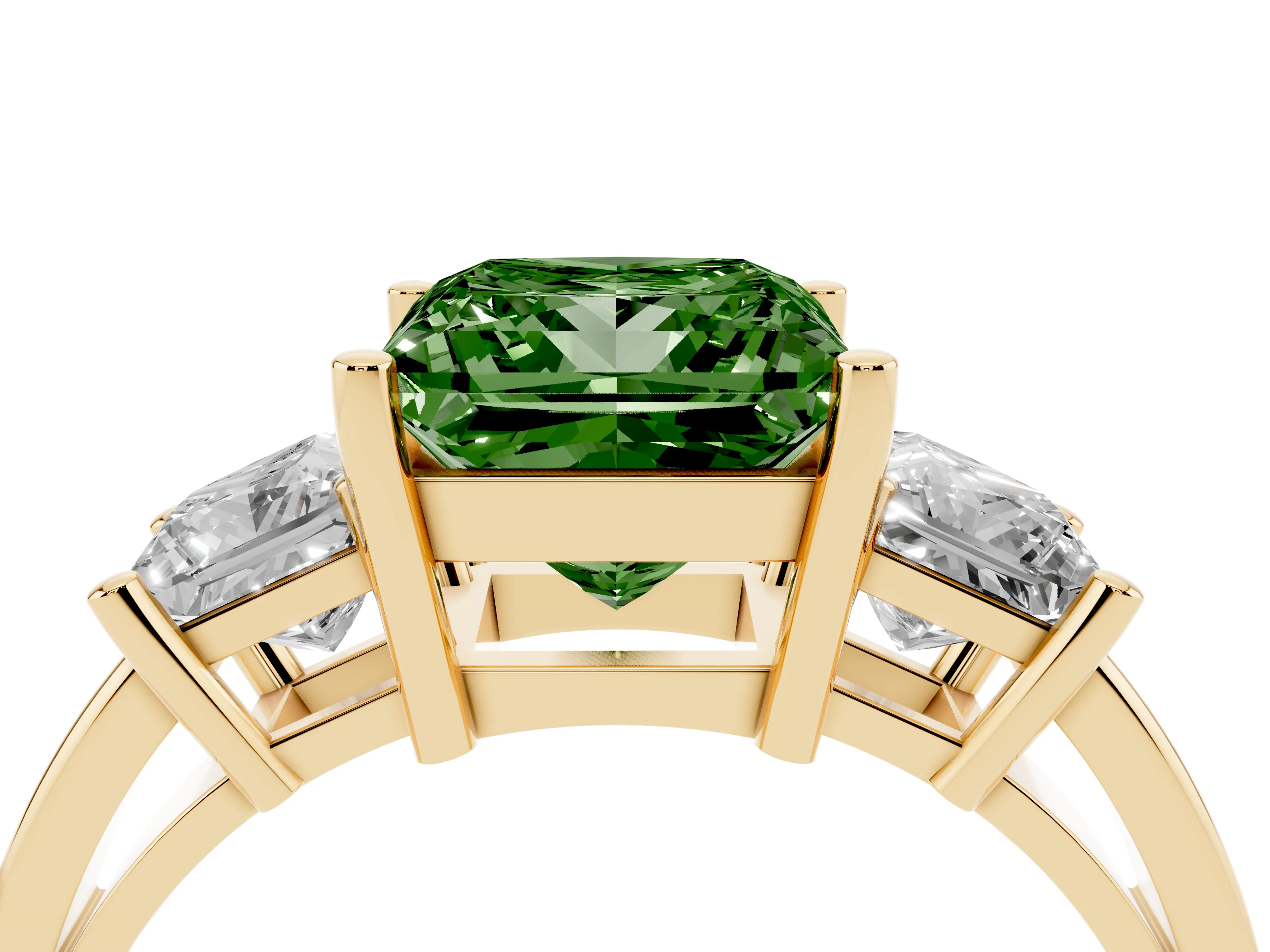Fancy Green Three-Stone Princess Cut Diamond Solitaire Ring Set in Yellow gold with Prong Setting
