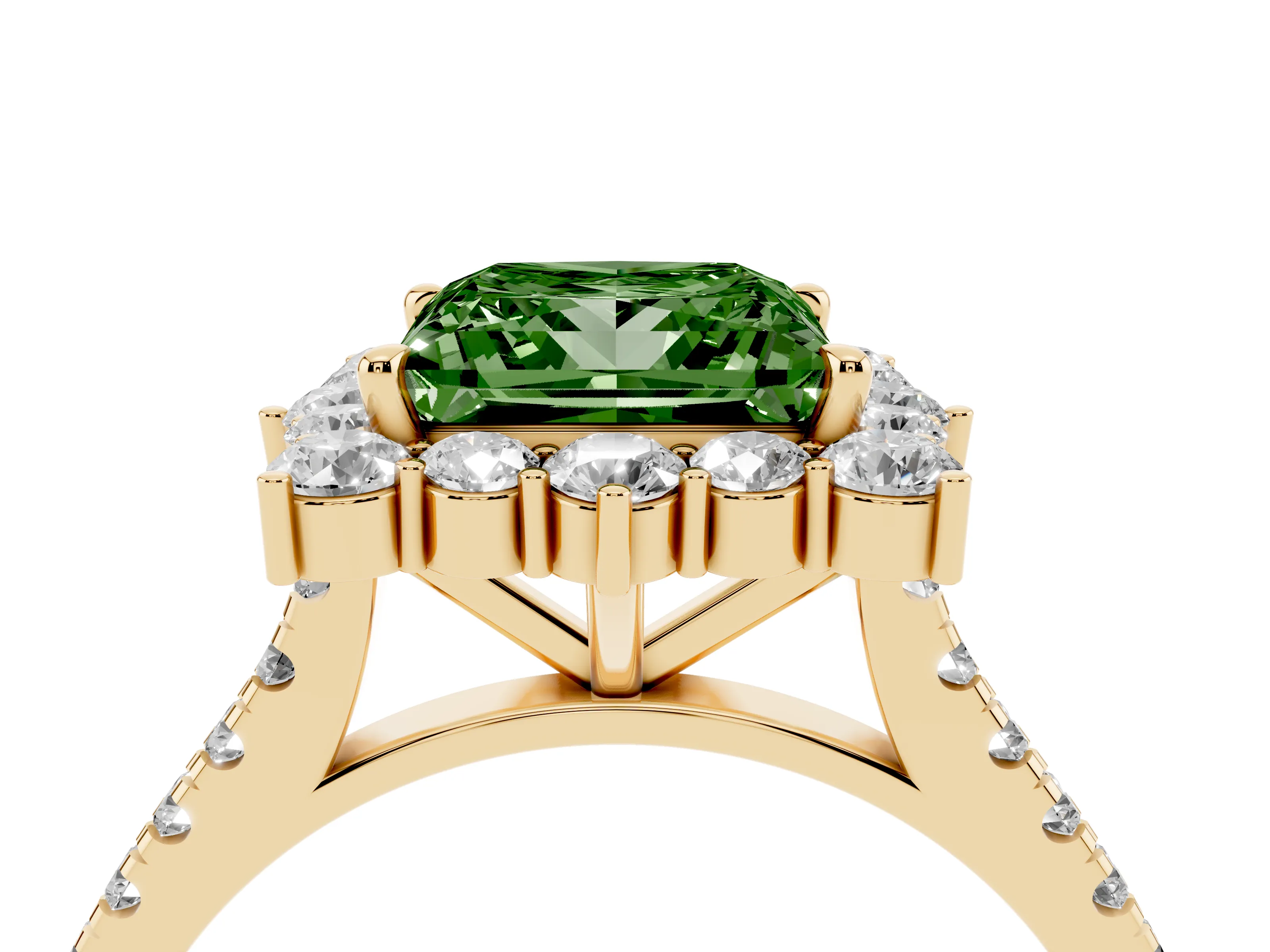 Fancy Green Princess Cut Diamond Halo Ring Set in Yellow gold with Pavé Band and Prong Setting