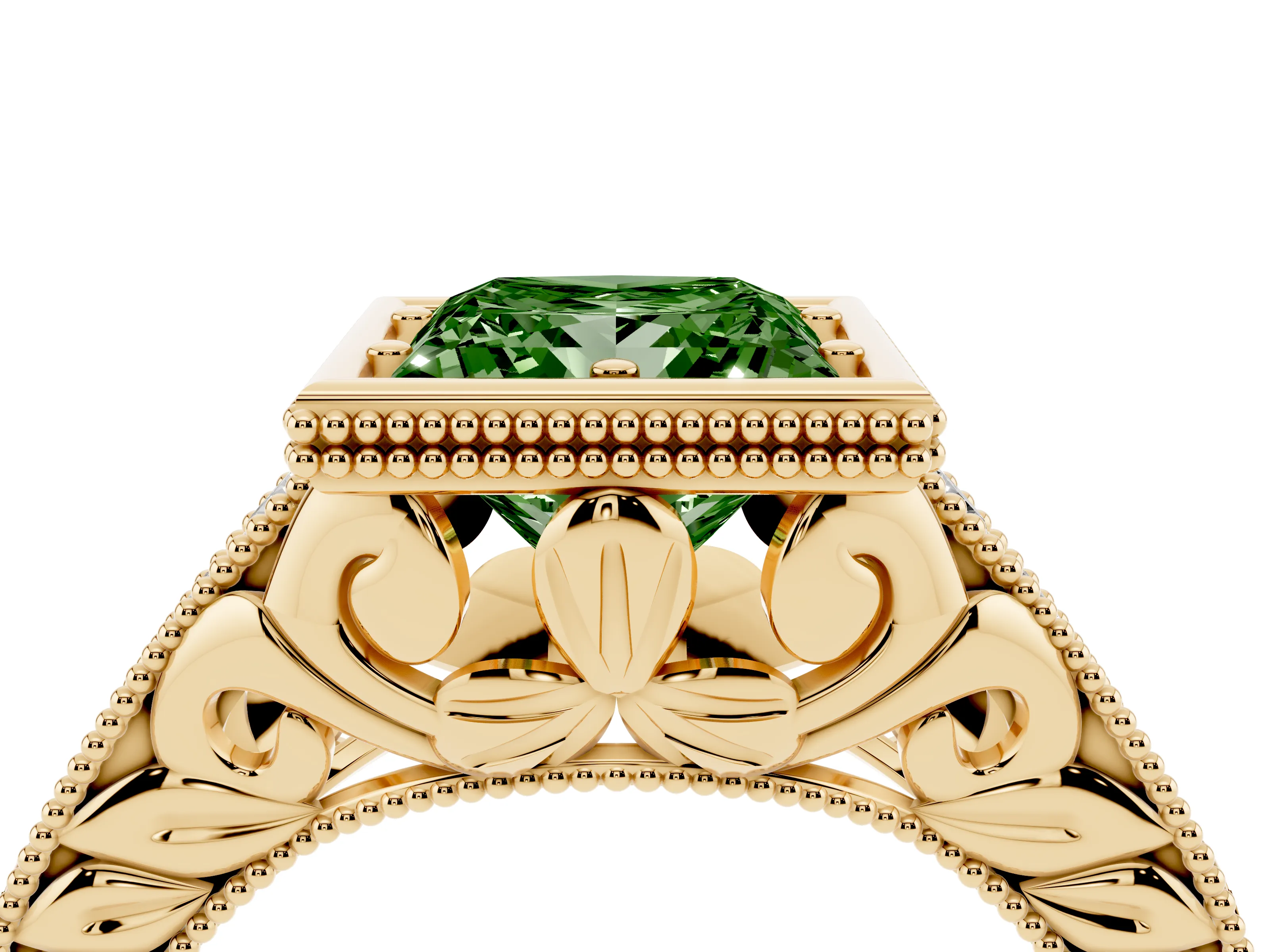 Fancy Green Bezel Set Princess Cut Diamond Milgrain Pavé Engagement Ring Set in Yellow gold