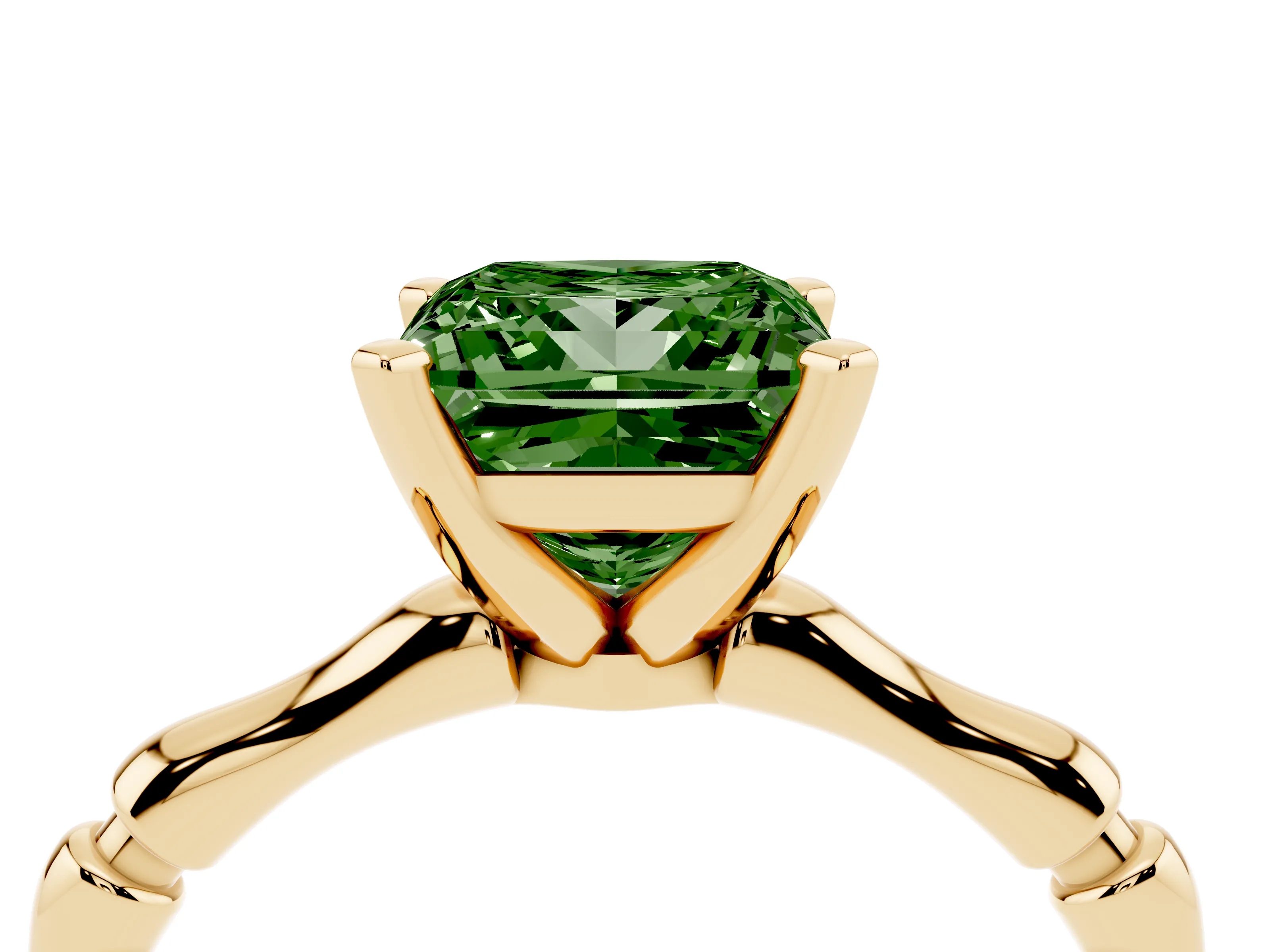 Fancy Green Princess Cut Diamond Solitaire Ring Set in Yellow gold with Bamboo Band and Prong Setting