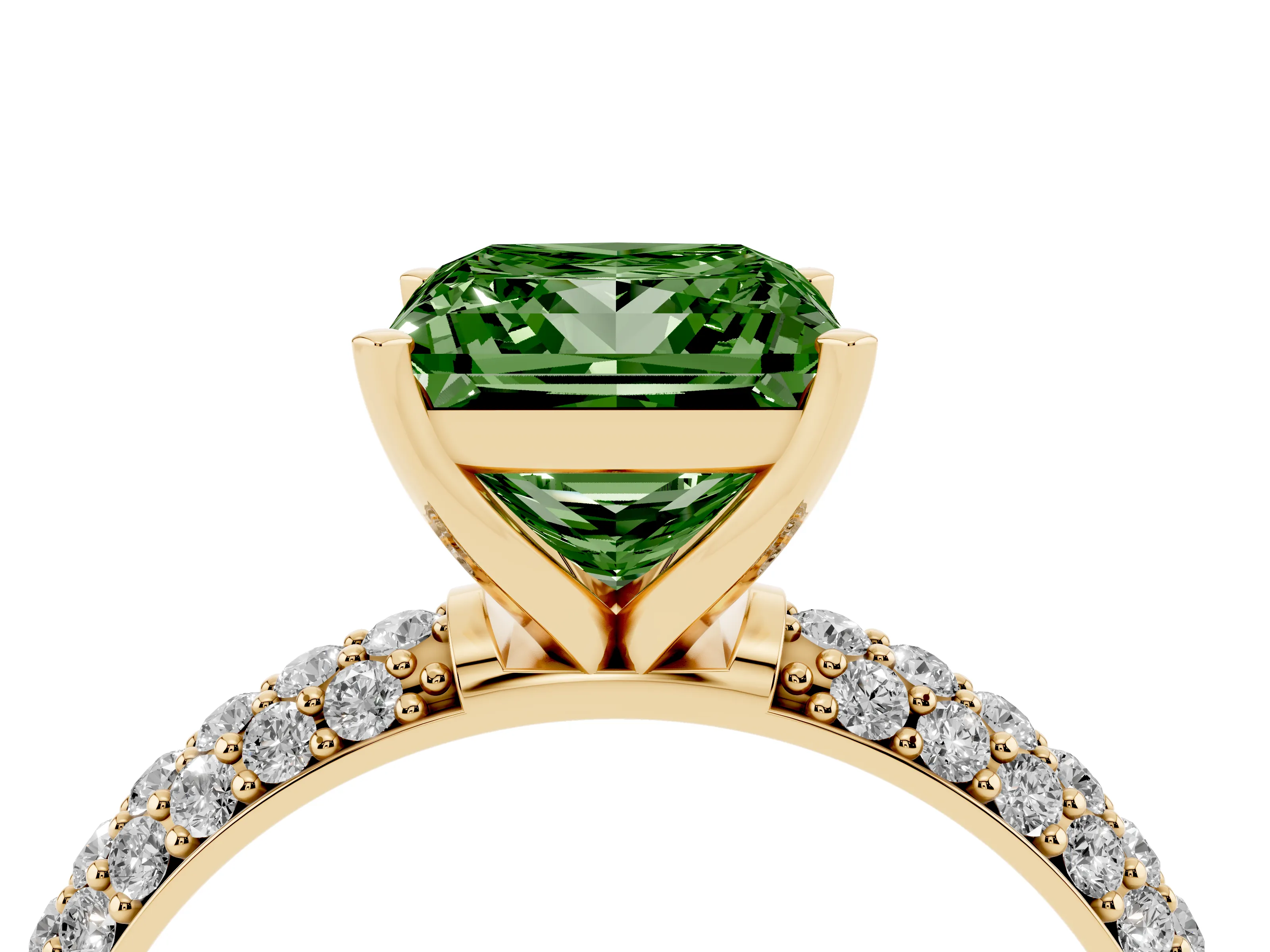 Fancy Green Princess Cut Diamond Solitaire Ring Set in Yellow gold with Prong Setting and Pavé-Set Band
