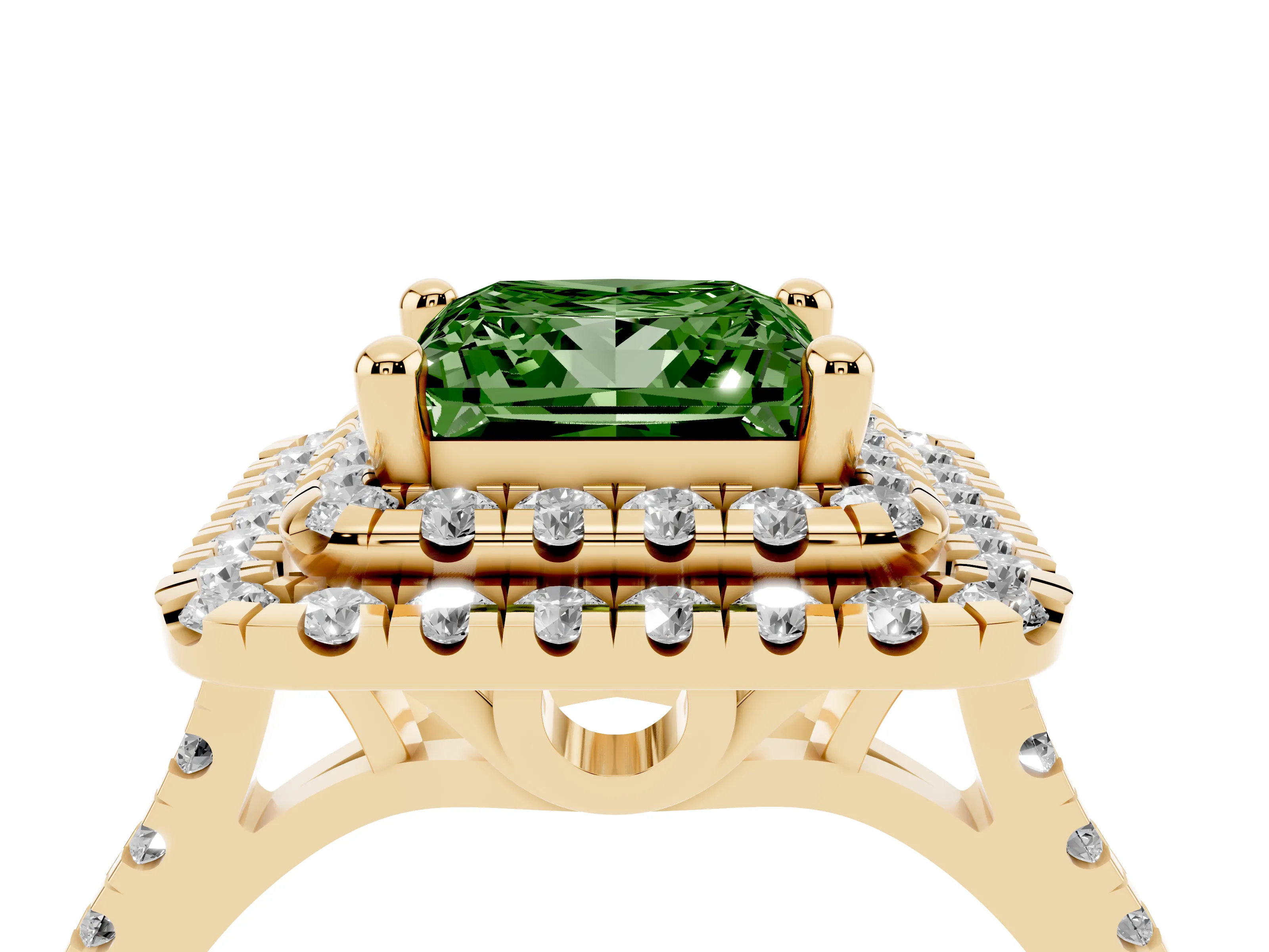 Fancy Green Princess Cut Diamond Double Halo Statement Ring Set in Yellow gold with Pavé Band