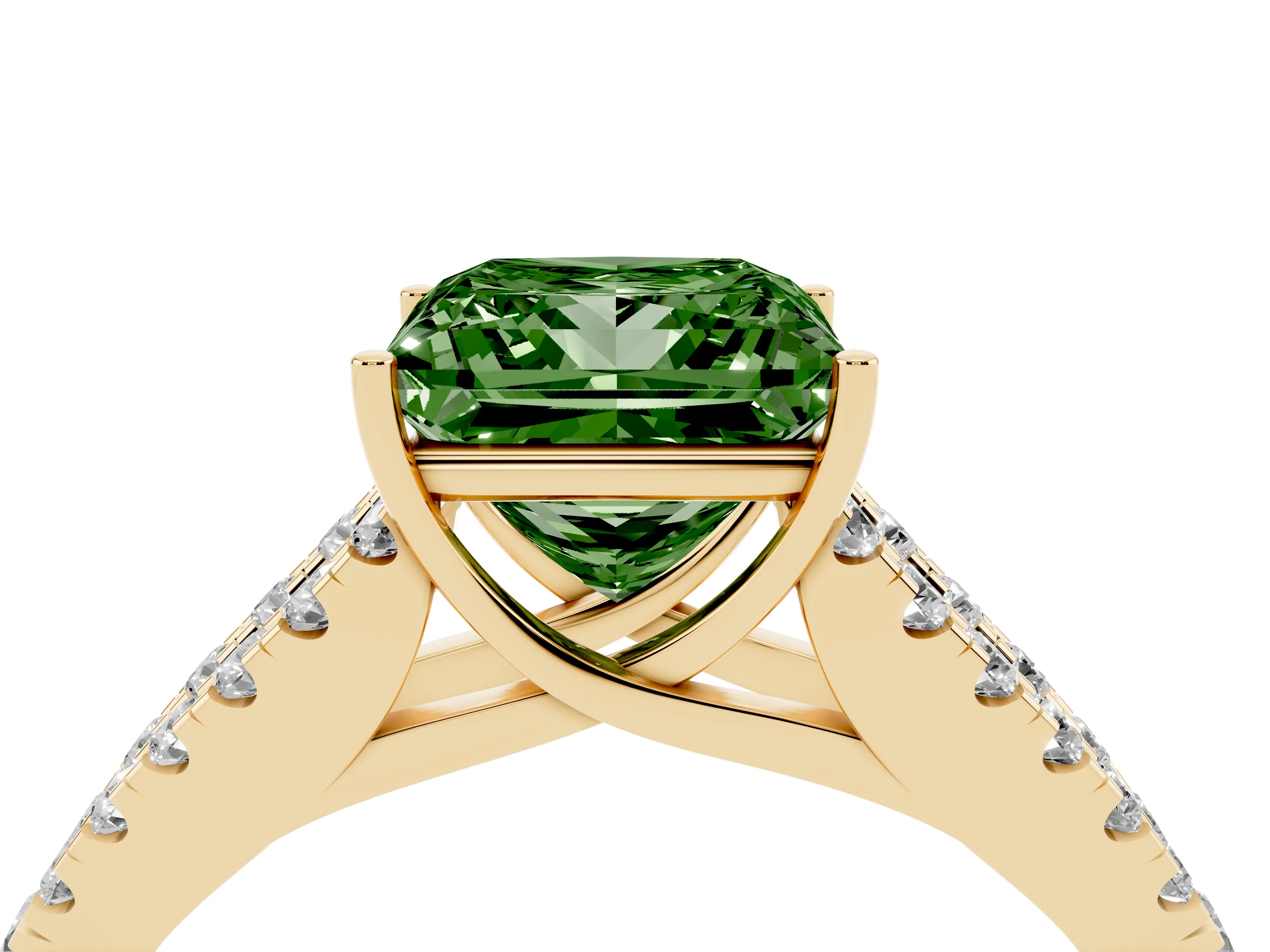 Fancy Green Princess Cut Diamond Split Shank Pavé Engagement Ring Set in Yellow gold with Prong-Held Center Stone