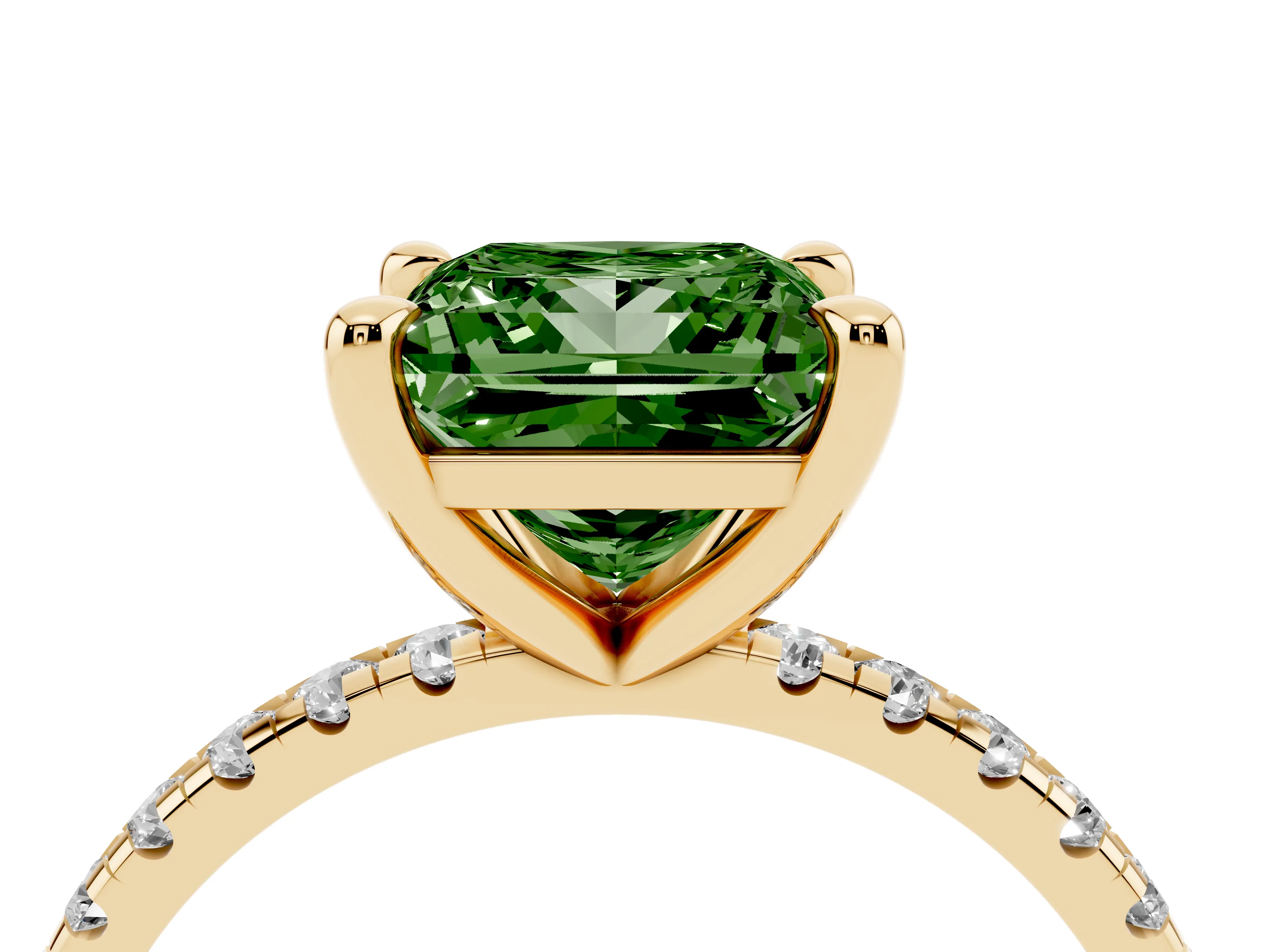 Fancy Green Princess Cut Diamond Brilliant Solitaire Ring Set in Yellow gold with Pavé Band and Prong Setting