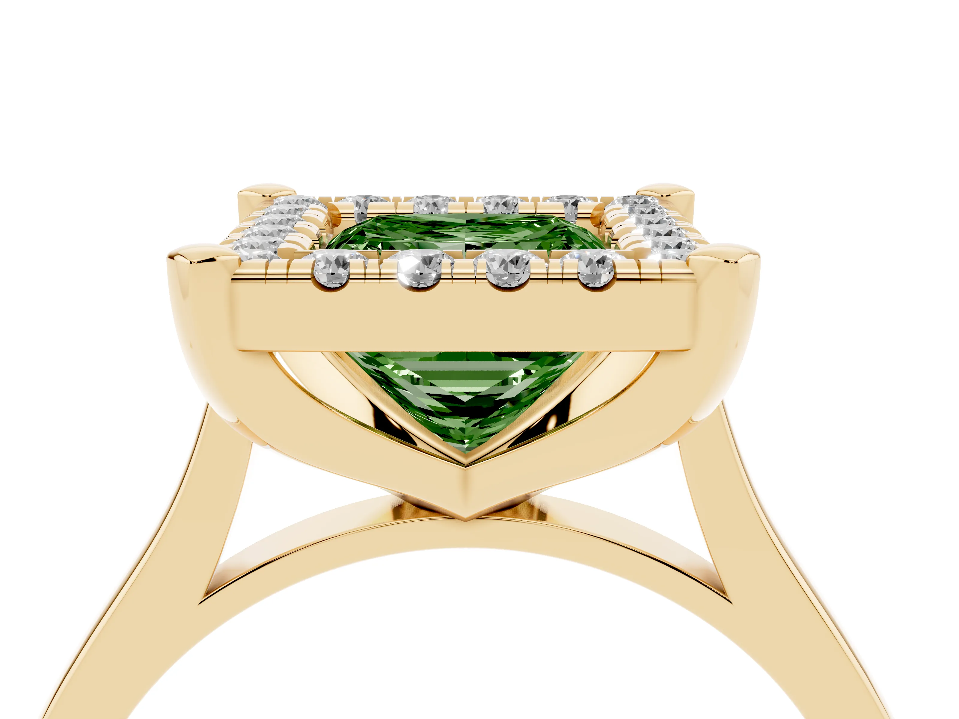 Fancy Green Princess Cut Diamond Cluster Halo Solitaire Ring Set in Yellow gold with Prong Setting