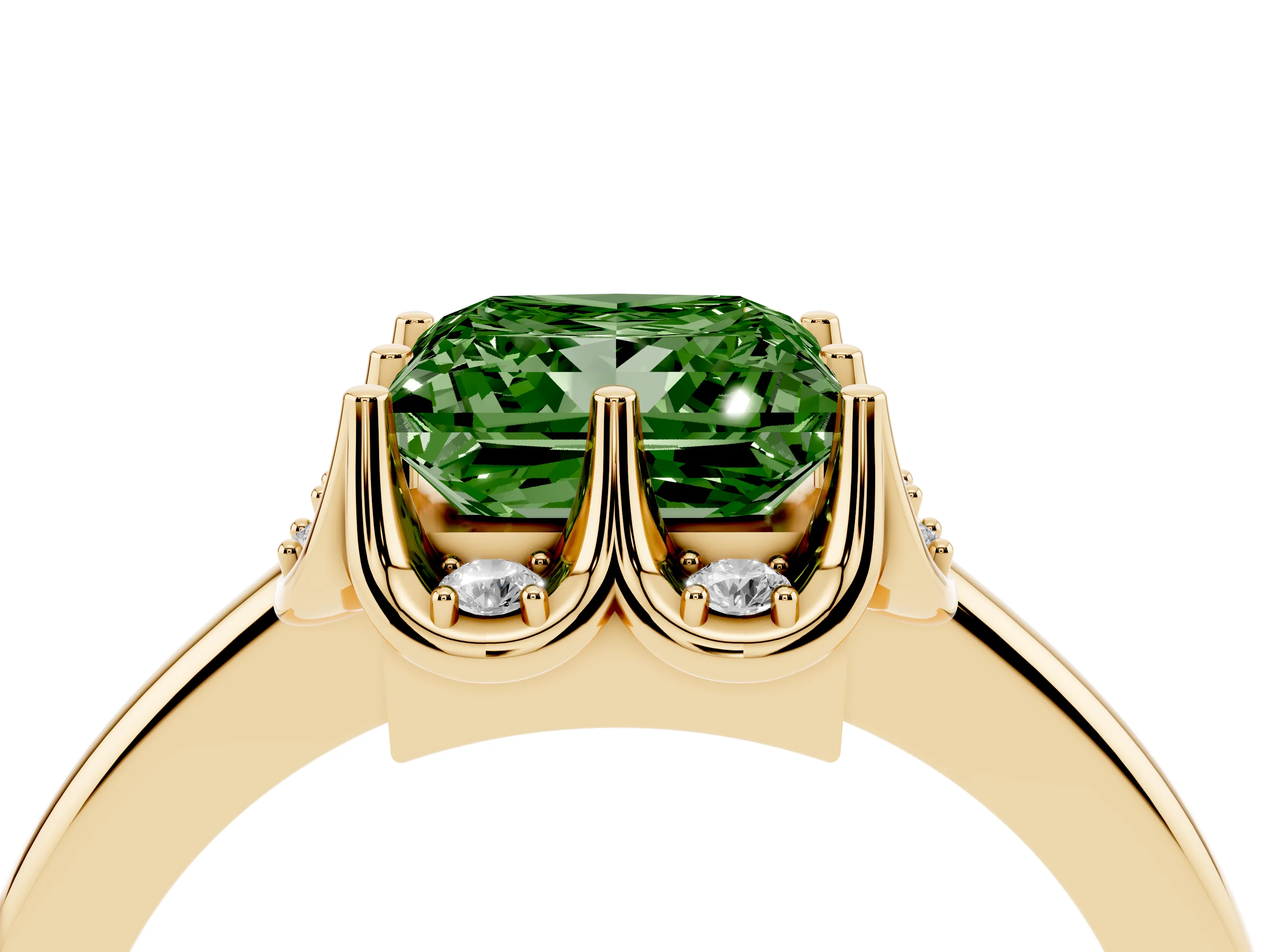 Fancy Green Princess Cut Diamond Round Cluster Halo Ring Set in Yellow gold with Solitaire Band and Prong Setting
