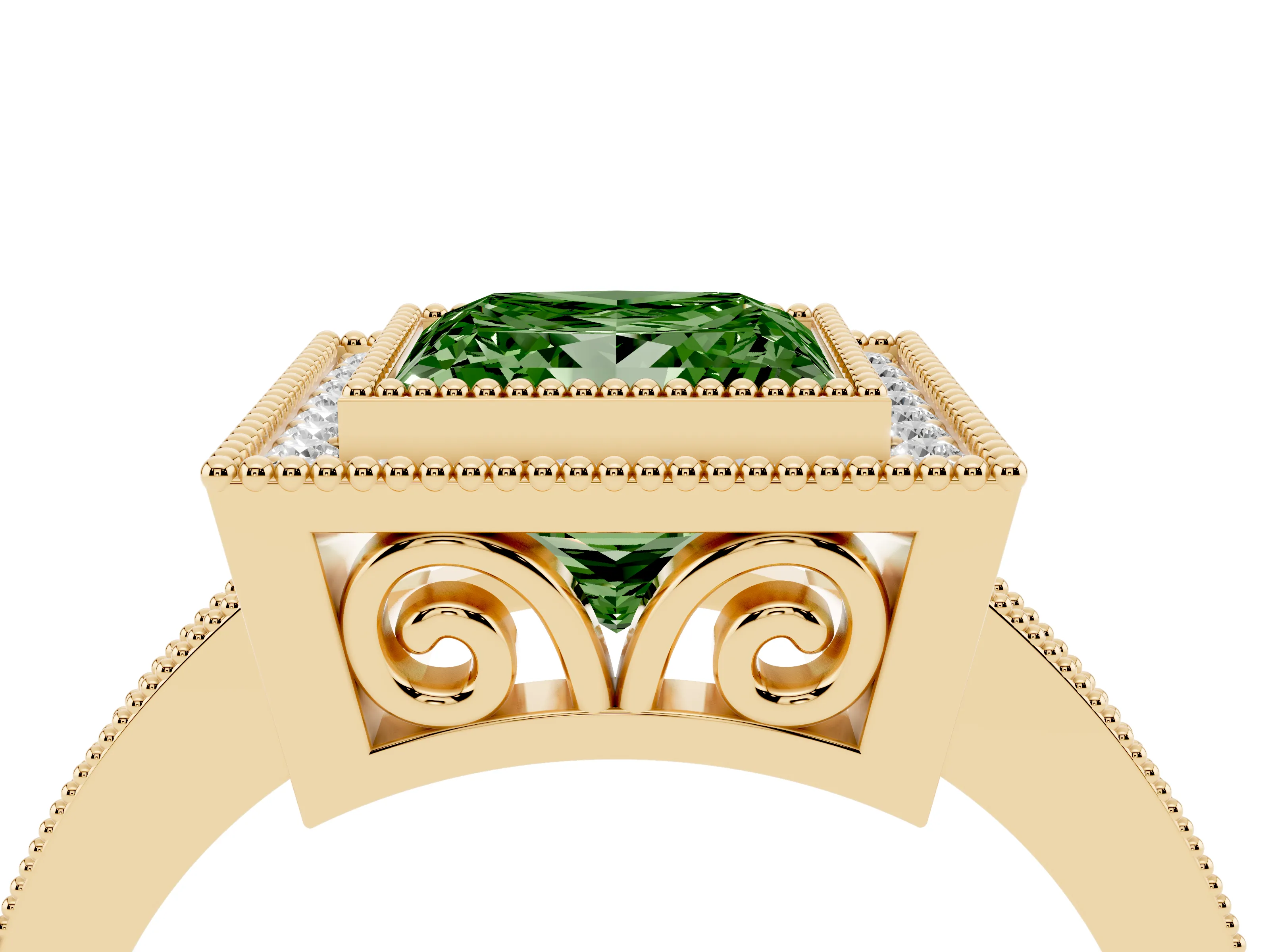 Fancy Green Princess Cut Diamond Halo Ring Set in Yellow gold with Pavé Band and Milgrain-Edged Prongs