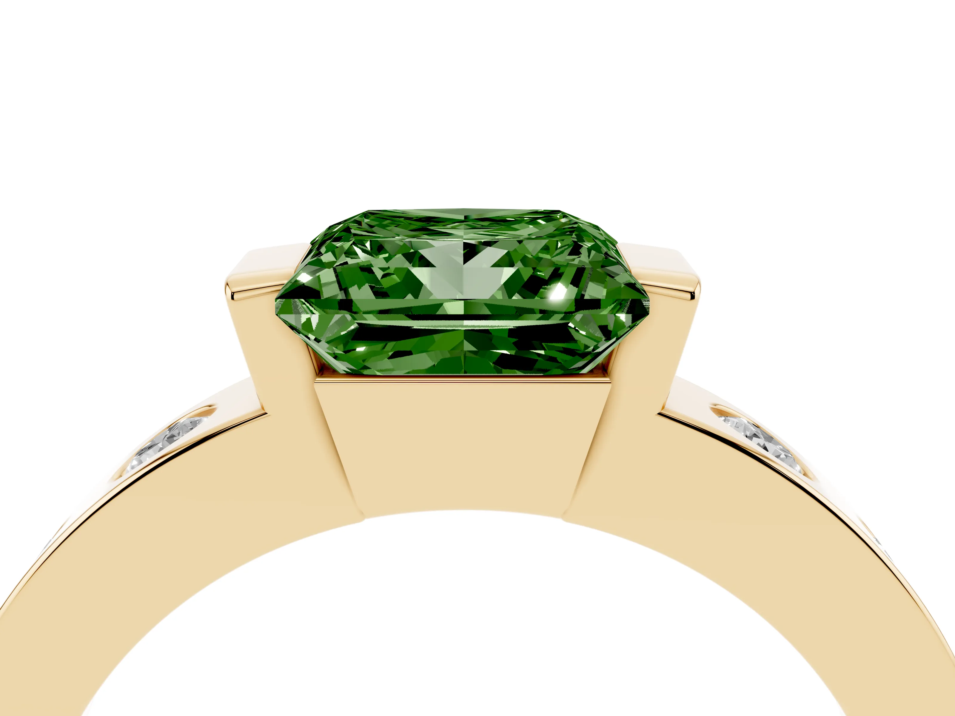 Fancy Green Princess Cut Diamond Channel-Set Band Ring Set in Yellow gold with Bezel Prong Setting