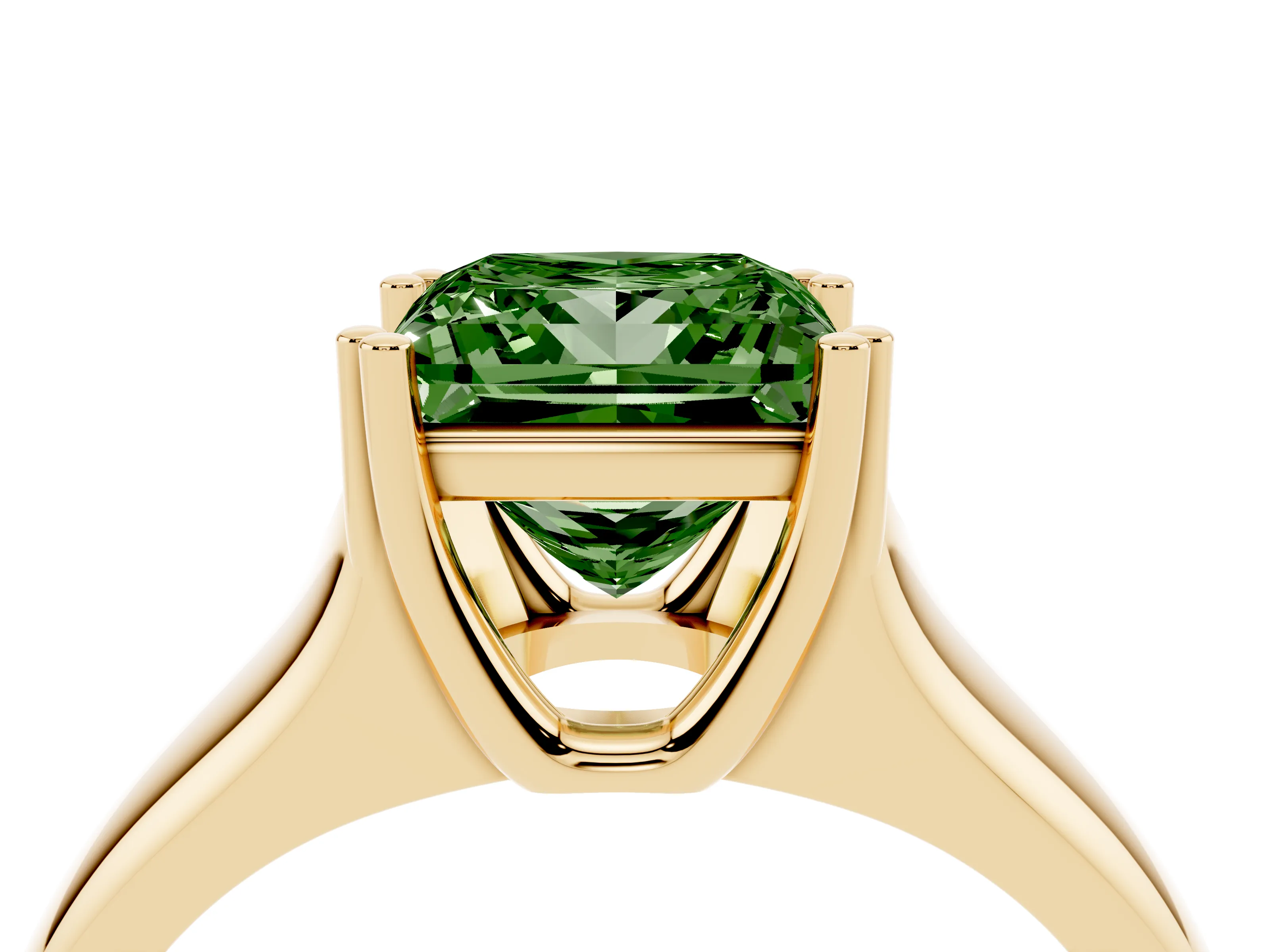 Fancy Green Princess Cut Diamond Solitaire Ring Set in Yellow gold with Wide Band and Prong Setting