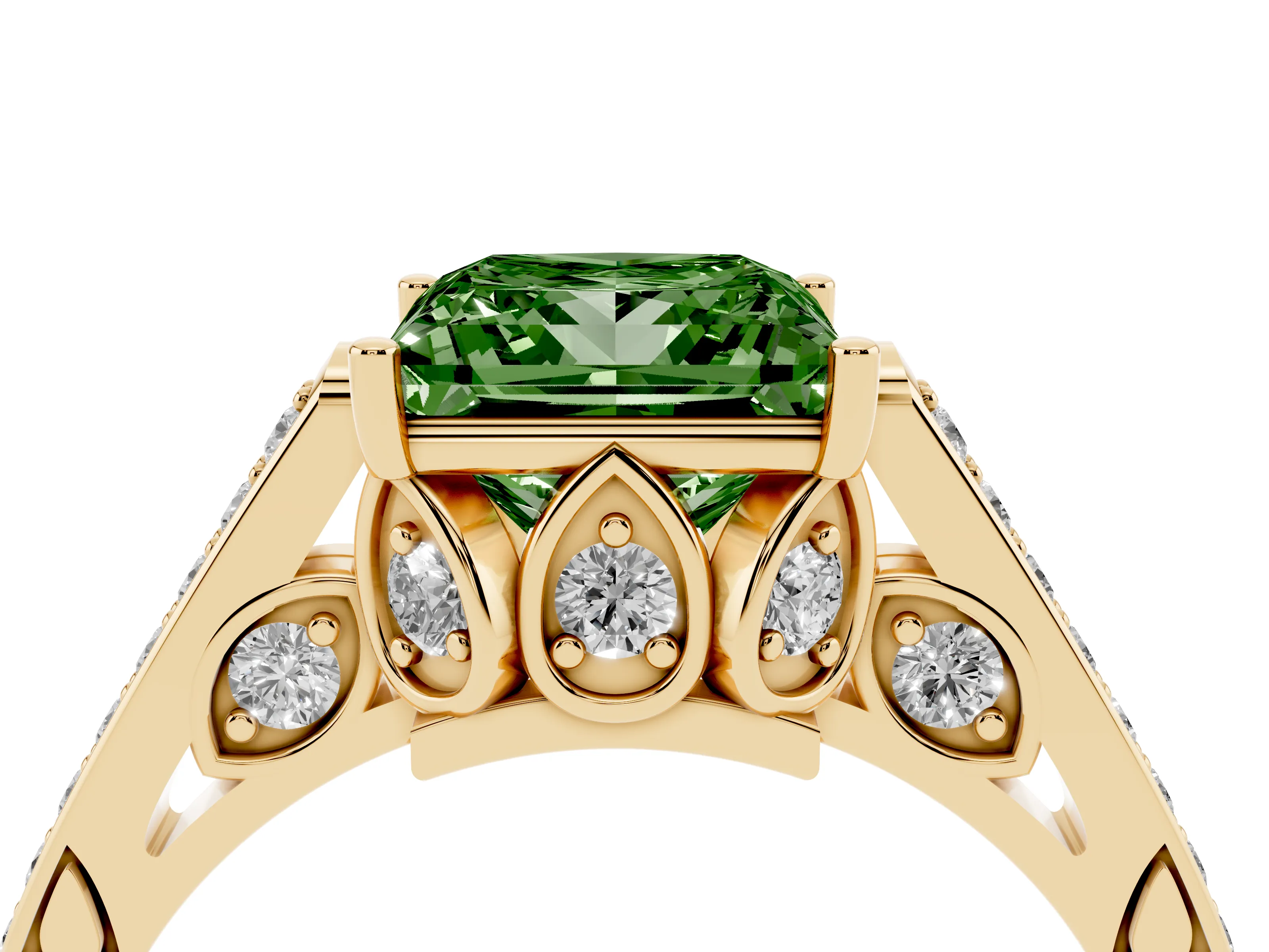 Fancy Green Princess Cut Diamond Cathedral Pavé Engagement Ring Set in Yellow gold with Prong Setting