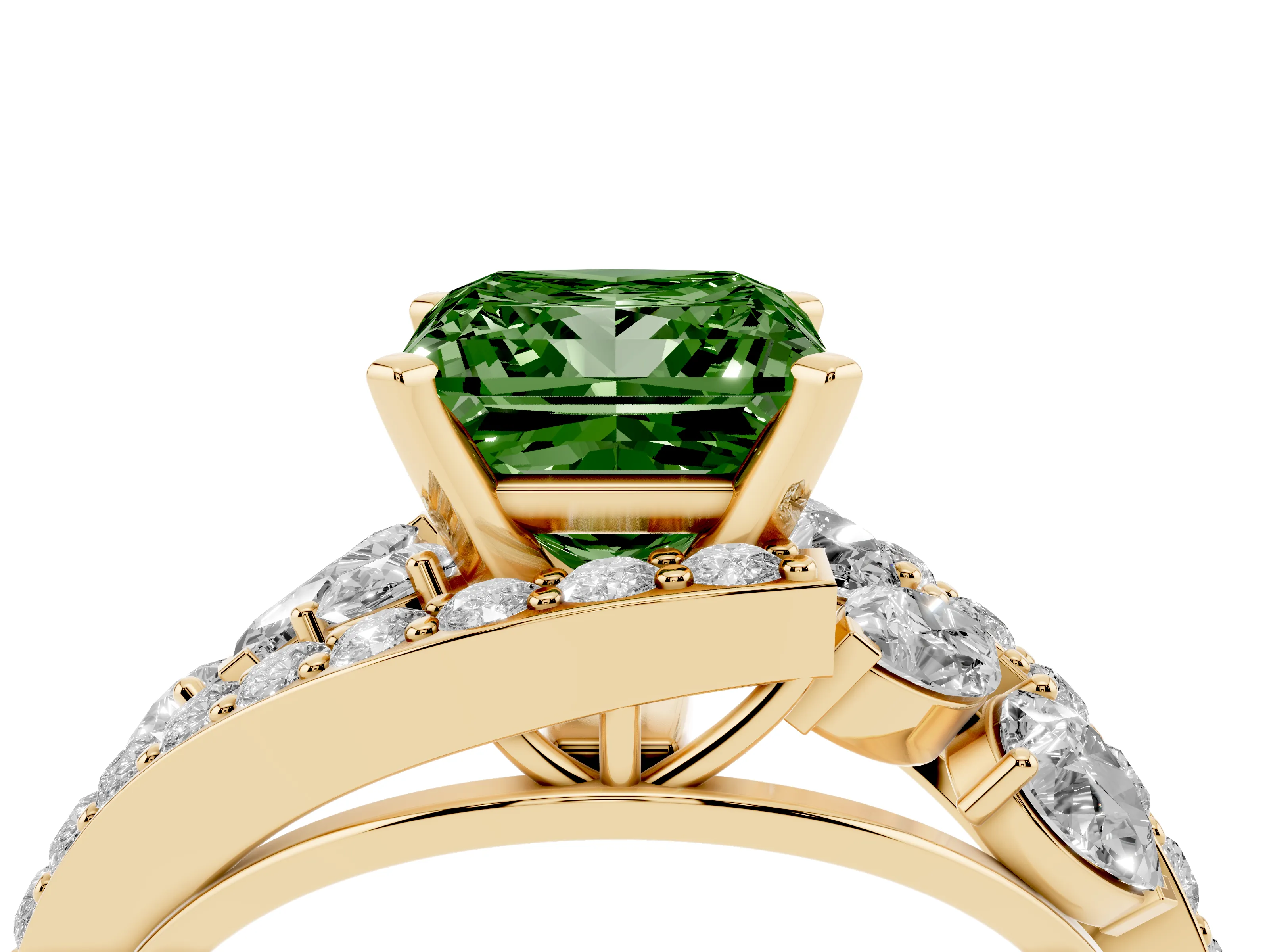 Fancy Green Princess Cut Diamond Halo Ring Set in Yellow gold with Marquise and Pavé Band in Prong Setting