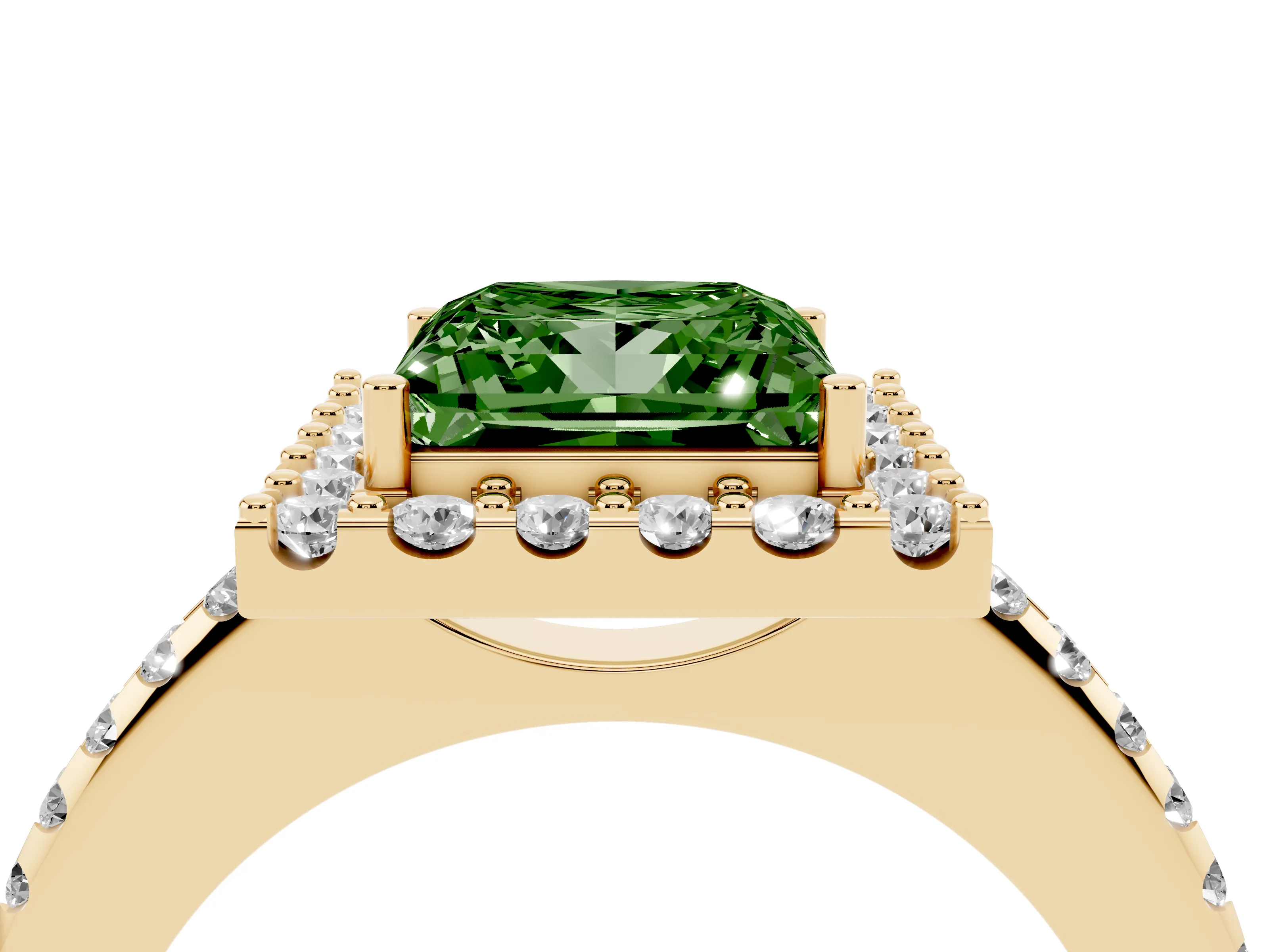Fancy Green Princess Cut Diamond Pavé Halo Ring Set in Yellow gold with Prong Setting