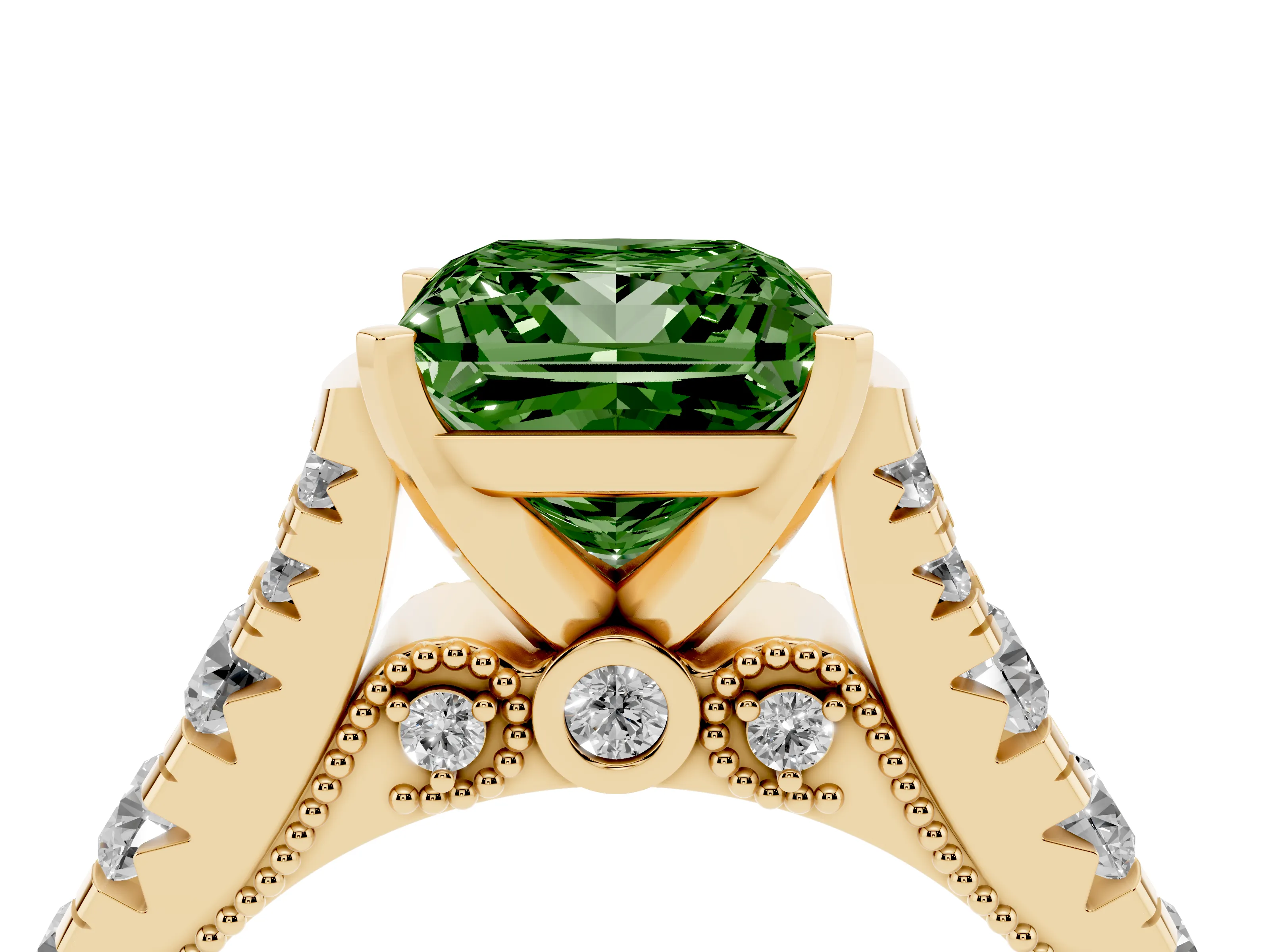 Fancy Green Princess Cut Diamond Classic Solitaire Ring Set in Yellow gold with Pavé Band and Prong Setting