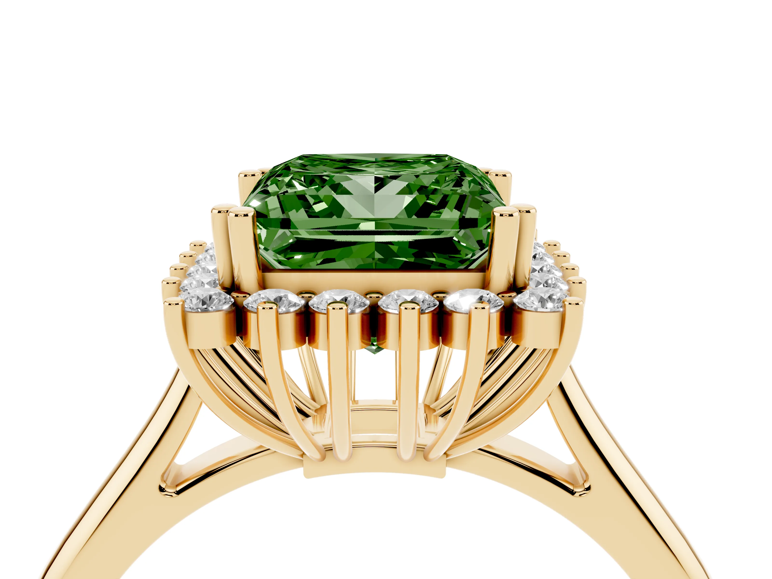 Fancy Green Princess Cut Diamond Halo Ring Set in Yellow gold with Plain Solitaire Band and Prong Setting