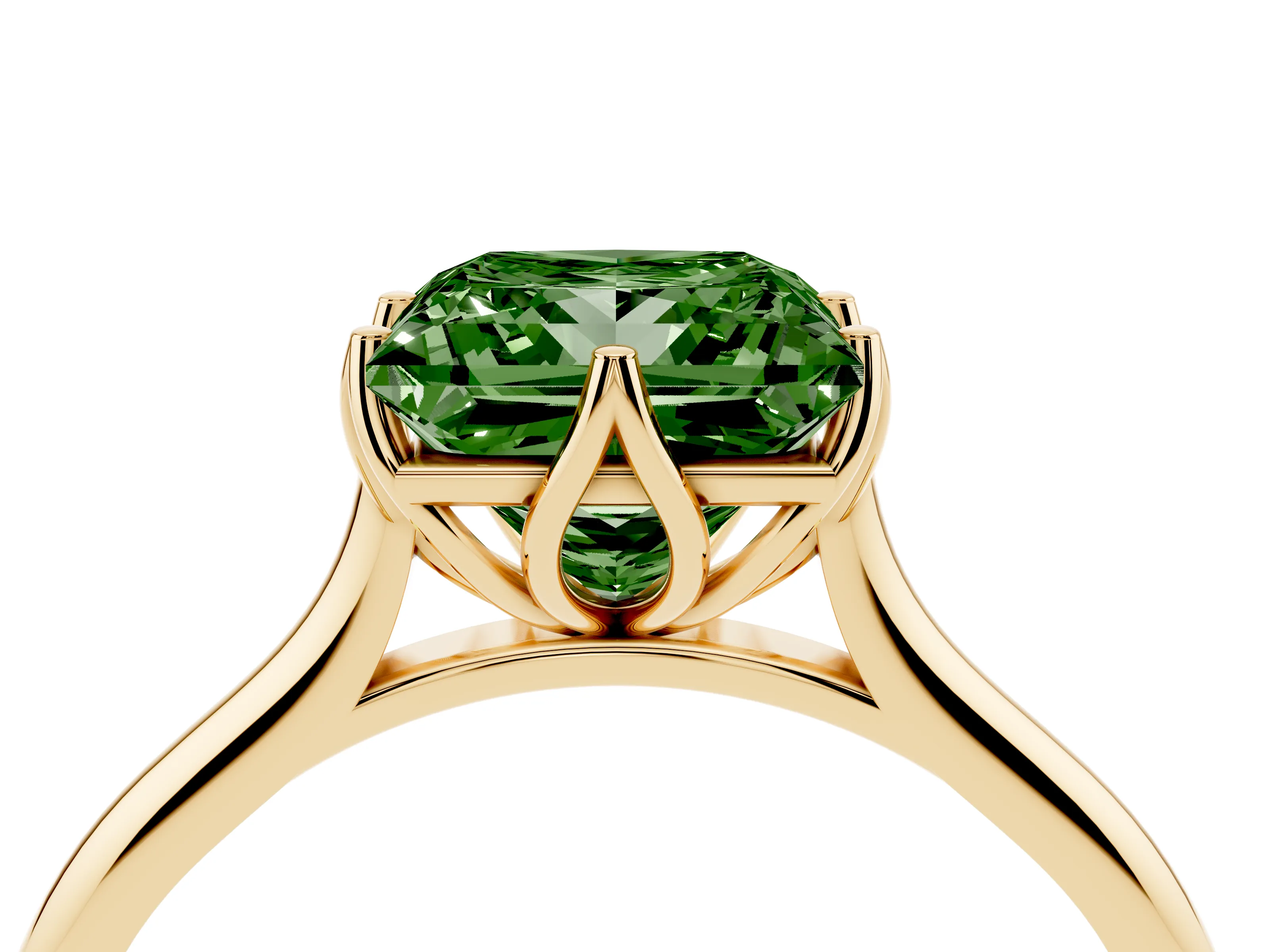 Fancy Green Princess Cut Diamond Solitaire Cathedral Ring Set in Yellow gold with Prong Setting