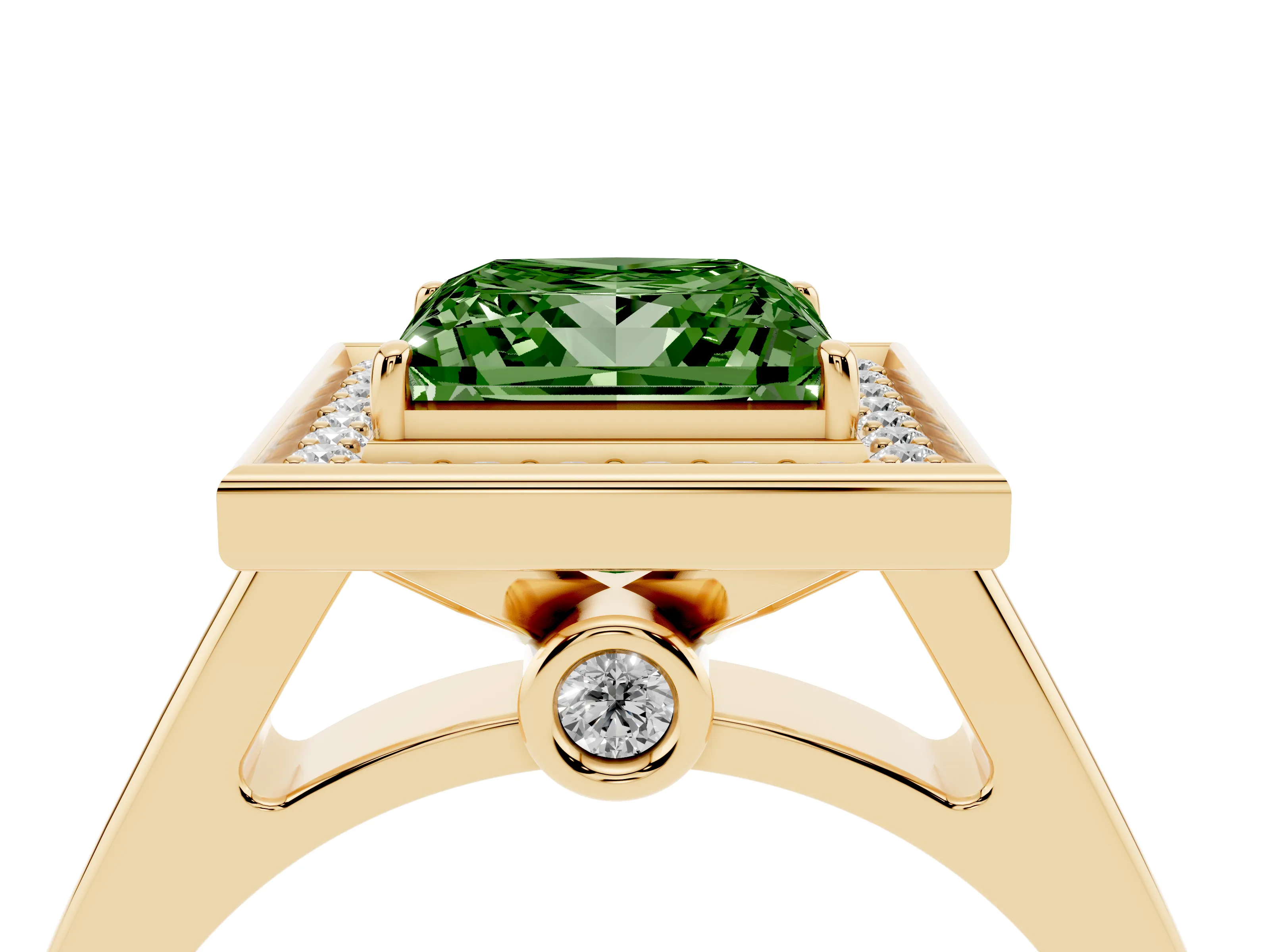 Fancy Green Princess Cut Diamond Halo Solitaire Ring Set in Yellow gold with Pavé Band and Bezel Setting