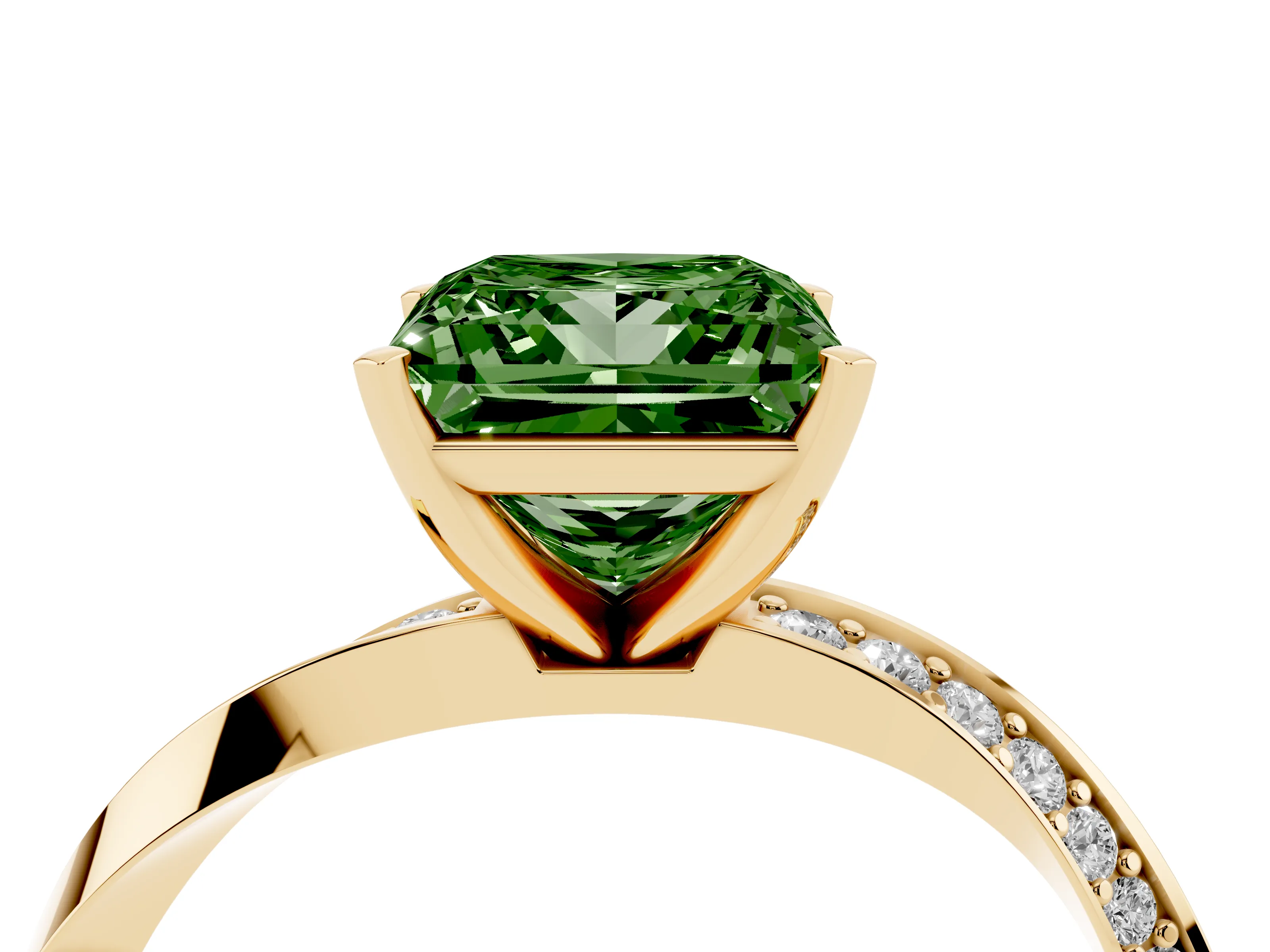 Fancy Green Princess Cut Diamond Engagement Ring Set in Yellow gold with Side Stone Accents and Prong Setting