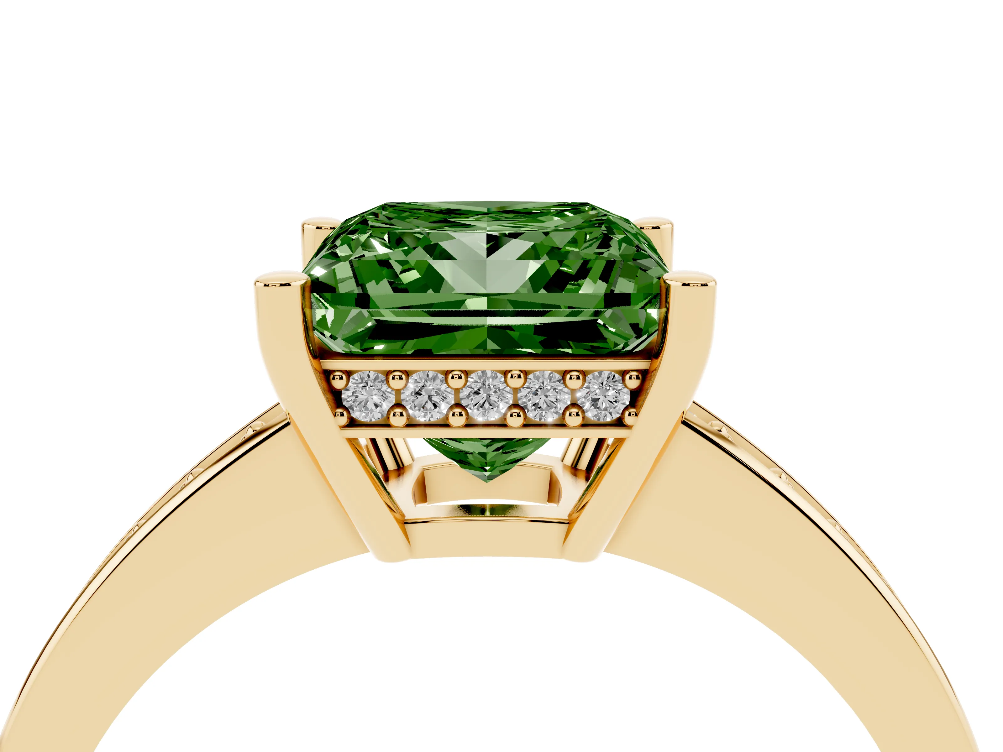 Fancy Green Princess Cut Diamond Pavé Band Prong Set Solitaire Ring Set in Yellow gold