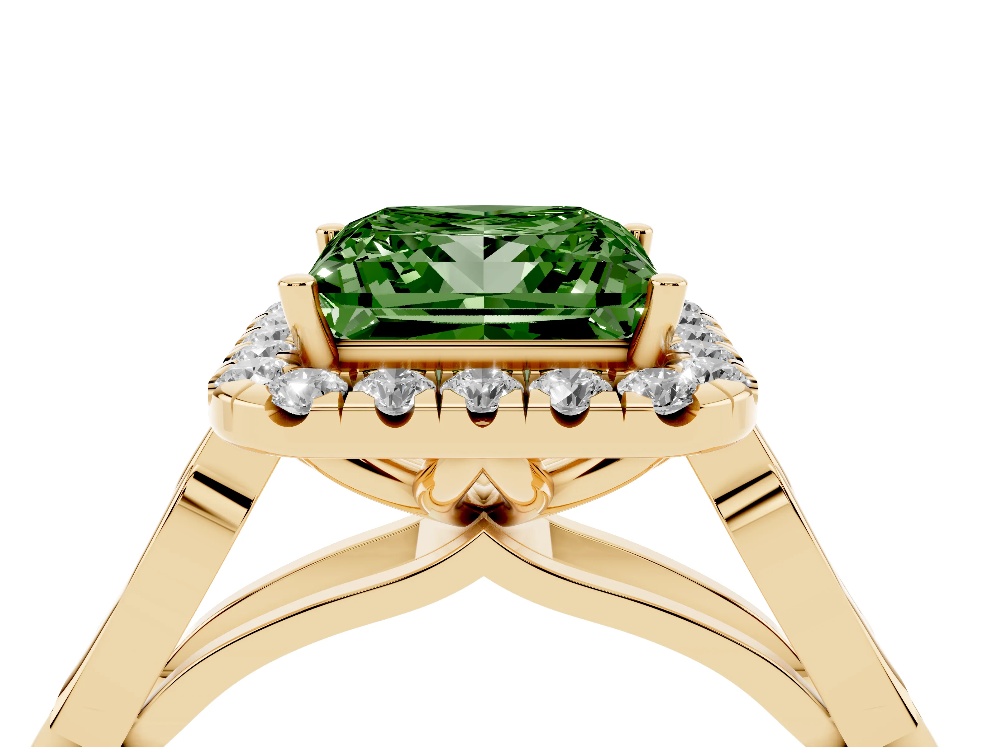 Fancy Green Princess Cut Diamond Halo Engagement Ring Set in Yellow gold with Filigree Band and Prong-Set Center