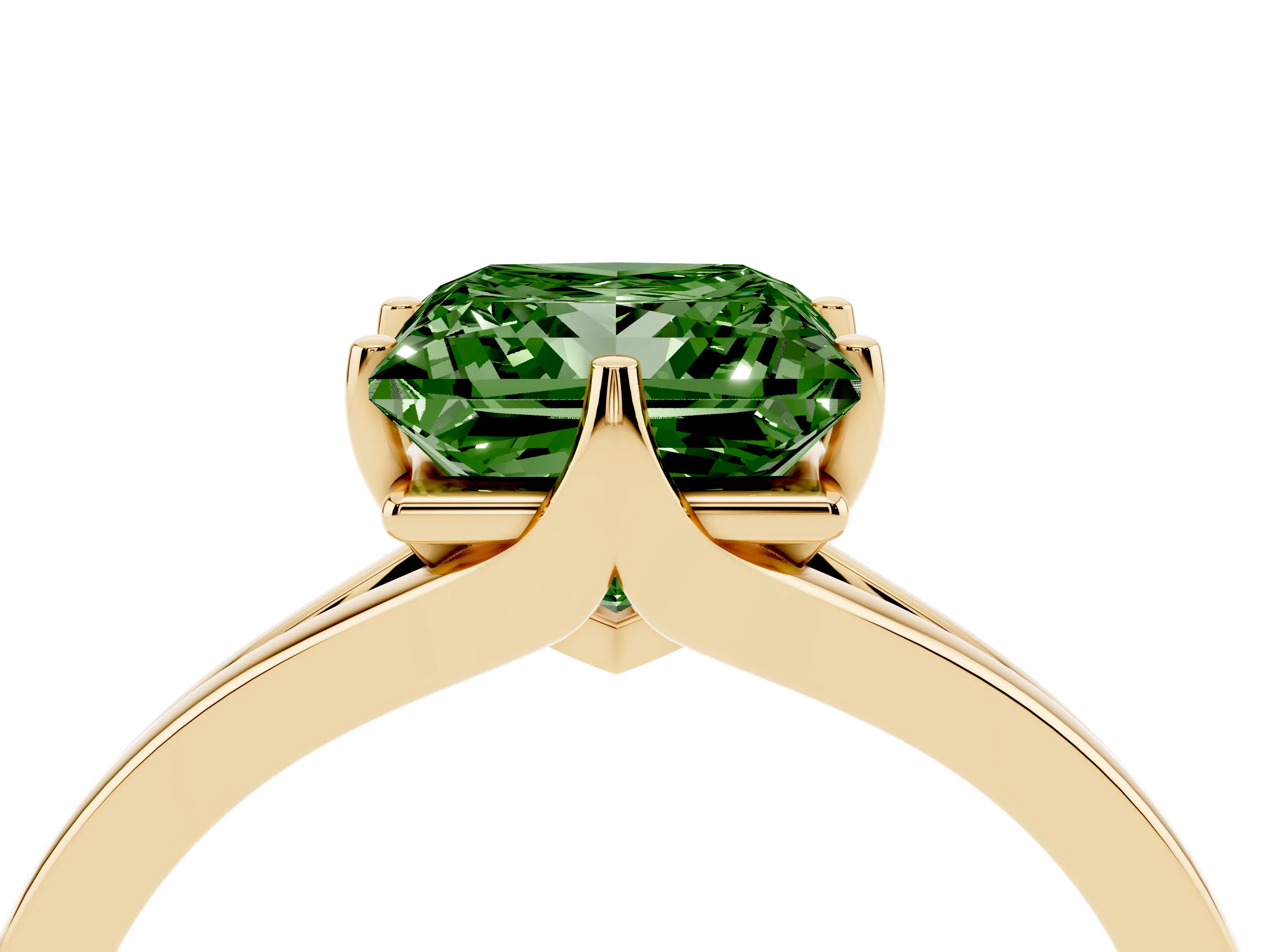 Fancy Green Princess Cut Diamond Solitaire Ring Set in Yellow gold with Polished Tapered Band and Prong Setting