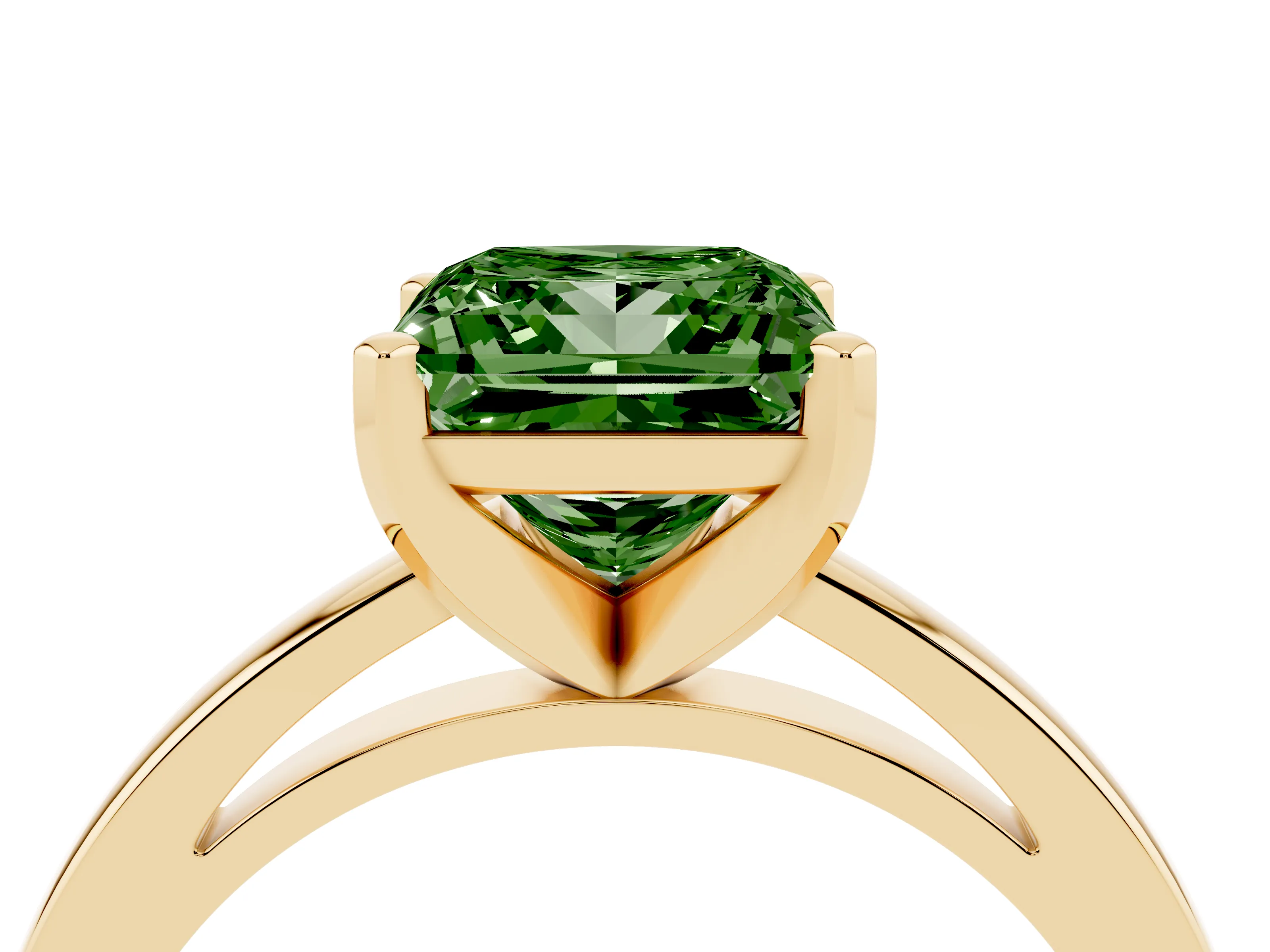 Fancy Green Princess Cut Diamond Solitaire Engagement Ring Set in Yellow gold with Prong Setting on a Classic Band