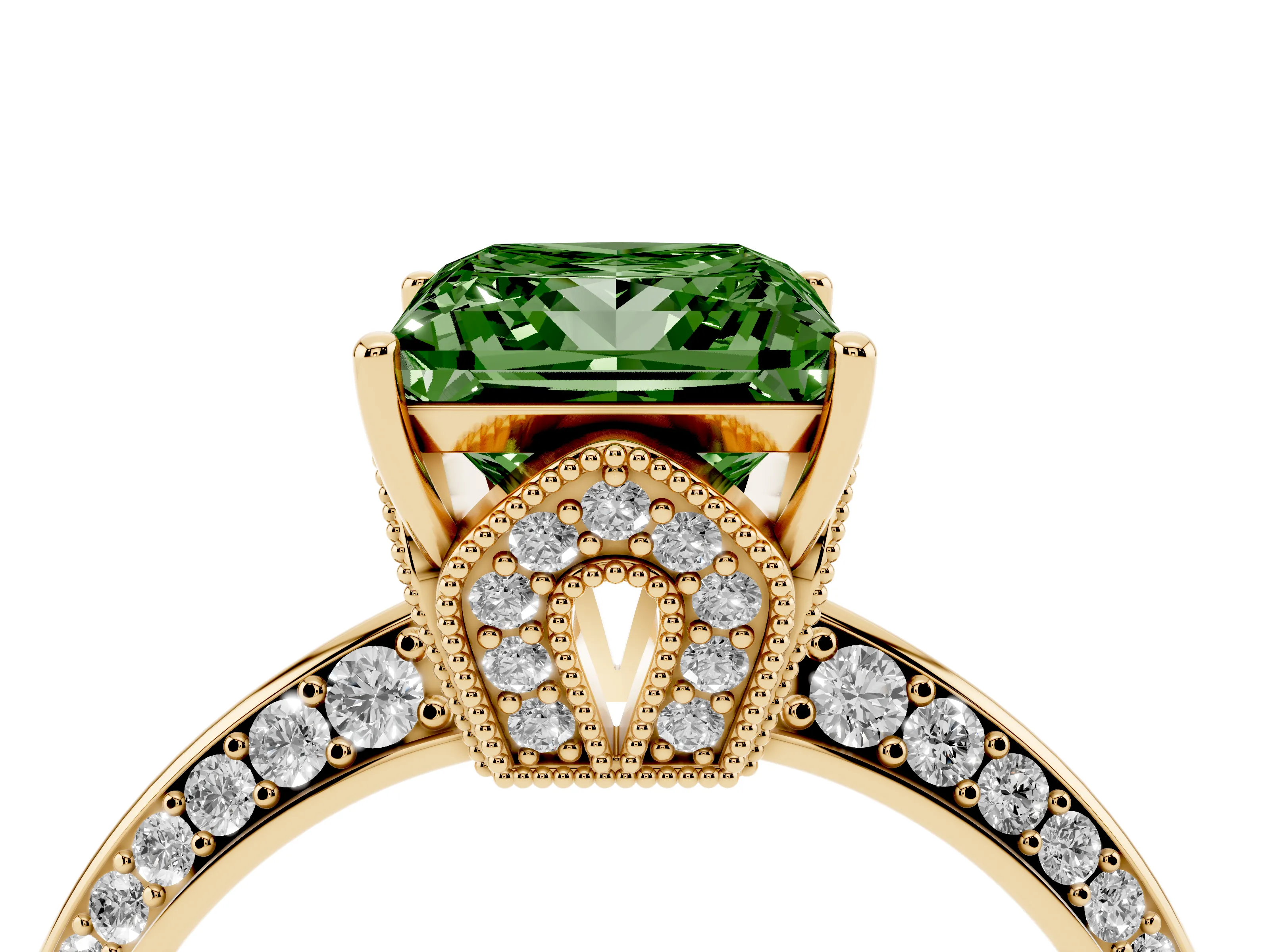 Fancy Green Princess Cut Diamond Solitaire Engagement Ring Set in Yellow gold with Pavé Split Shank and Prong Setting
