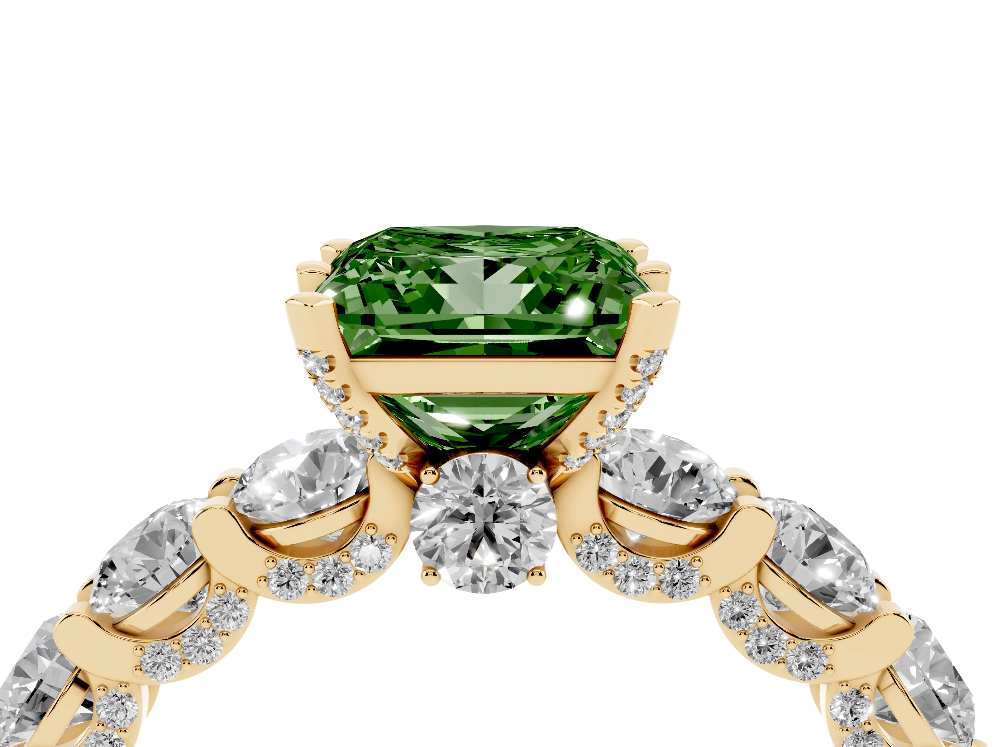 Fancy Green Princess Cut Diamond Side Stone Ring Set in Yellow gold with Alternating Round and Oval Side Stones