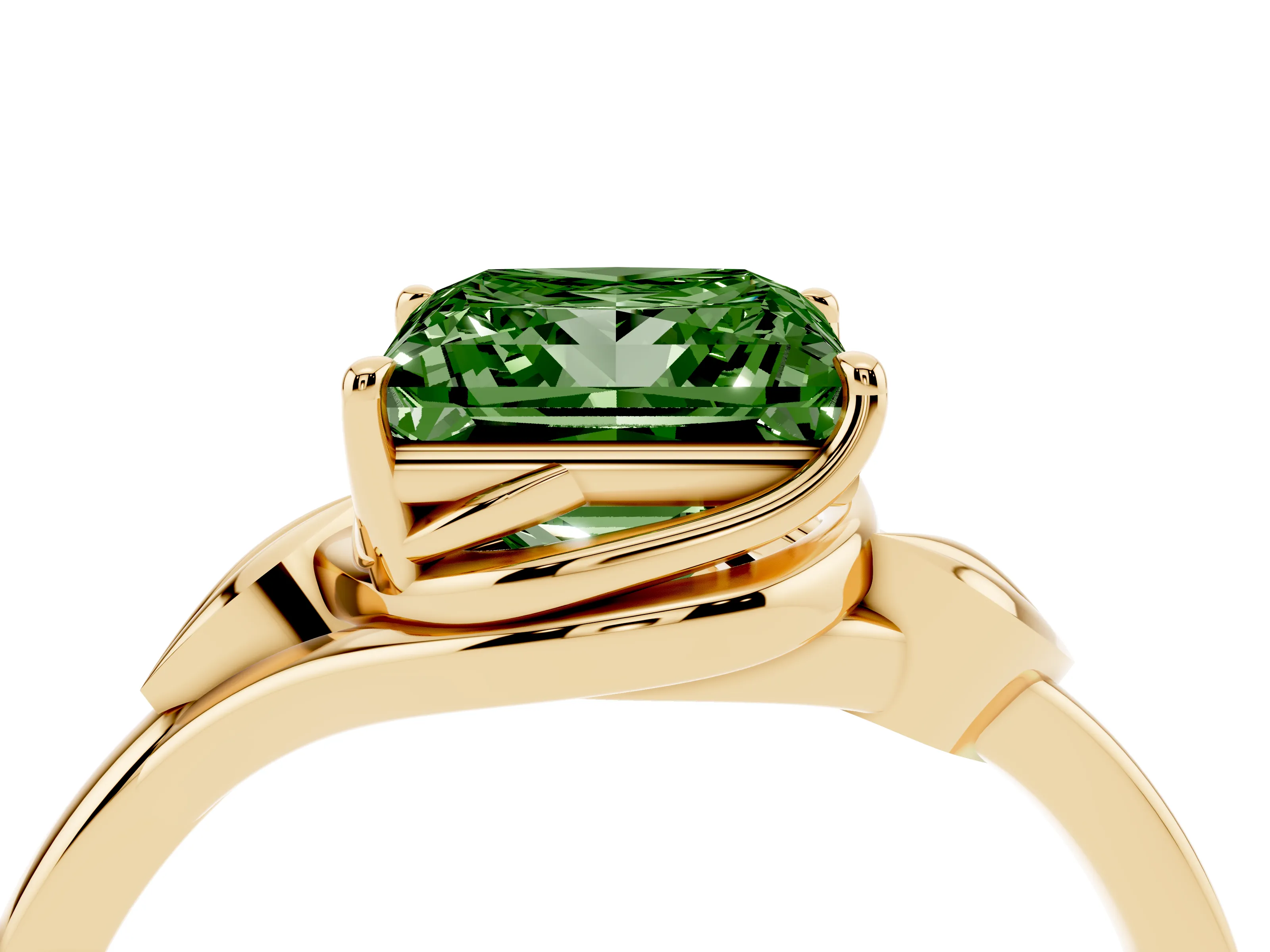 Fancy Green Princess Cut Diamond Solitaire Ring Set in Yellow gold with Polished Twist Band
