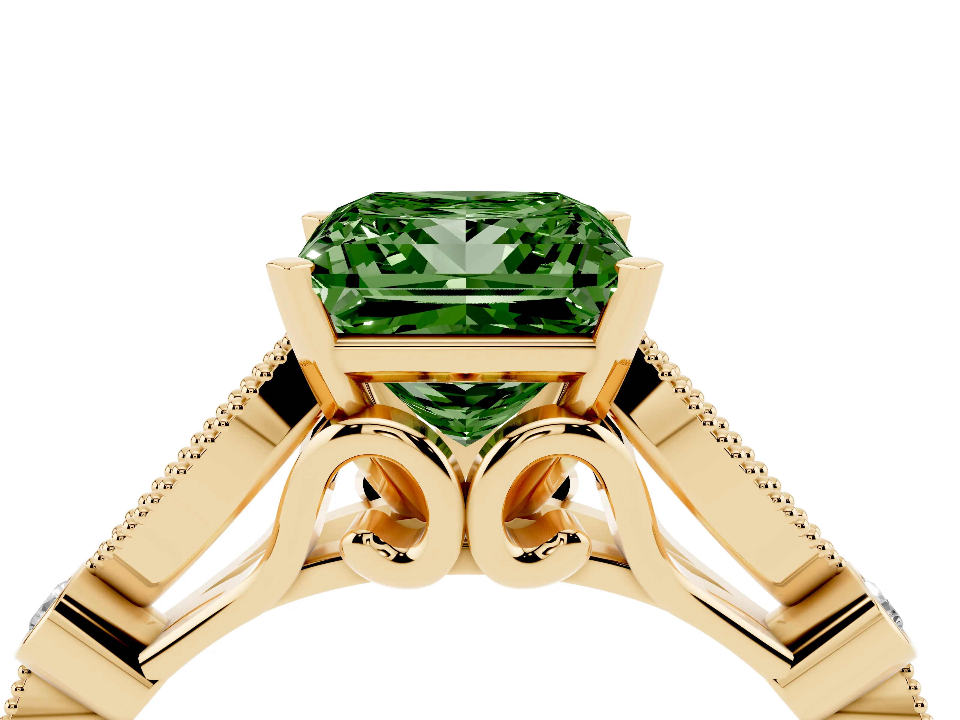 Fancy Green Princess Cut Diamond Solitaire Ring Set in Yellow gold with Milgrain Marquise and Bezel Accents