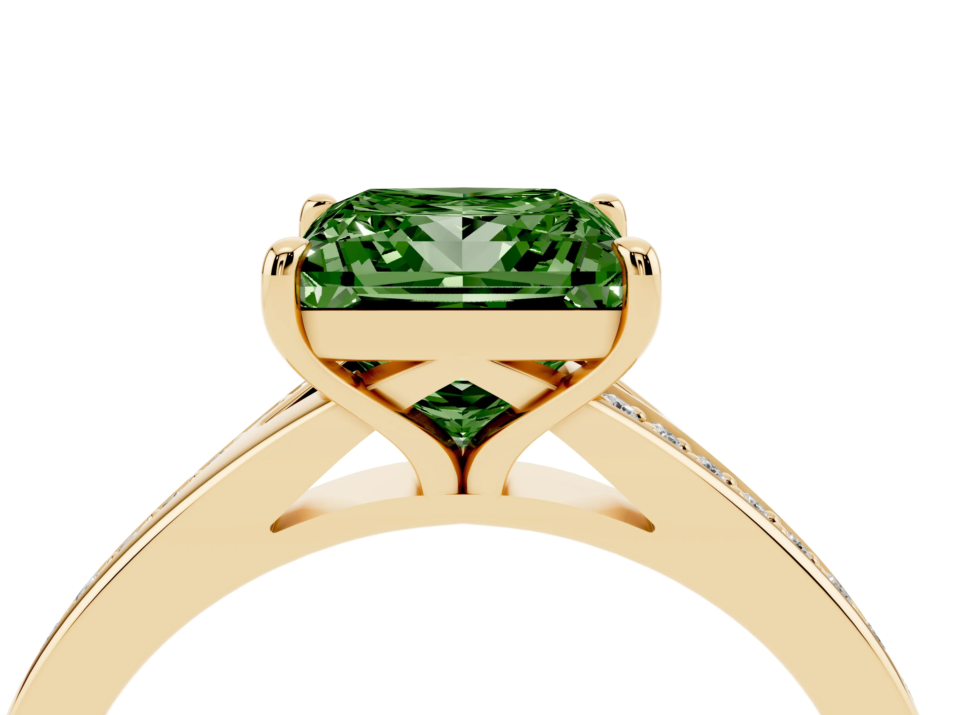 Fancy Green Princess Cut Diamond Solitaire Ring Set in Yellow gold with Pavé Accent Band and Classic Prong Setting