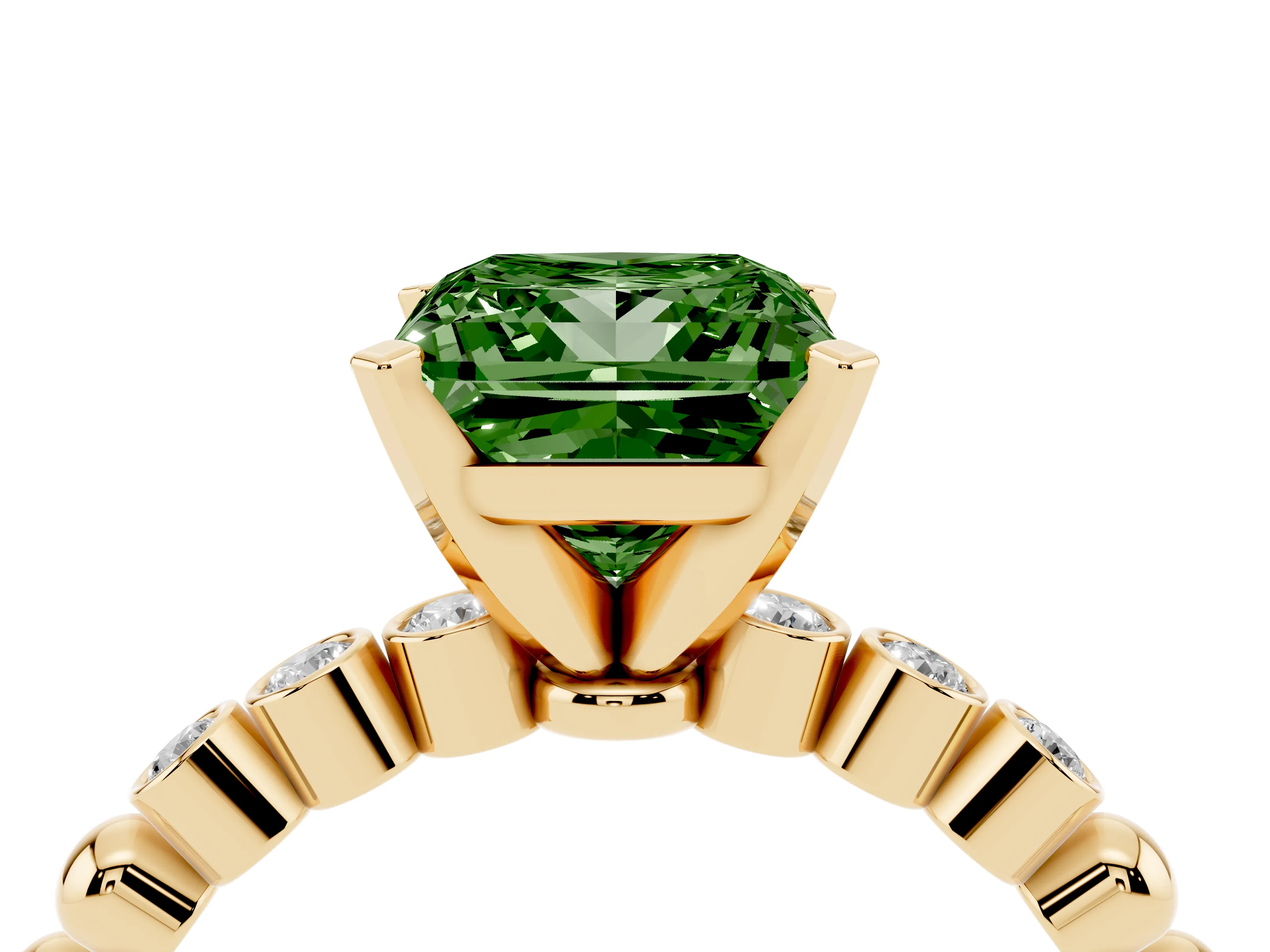 Fancy Green Princess Cut Diamond Solitaire Engagement Ring Set in Yellow gold with Bezel Accents on Beaded Band
