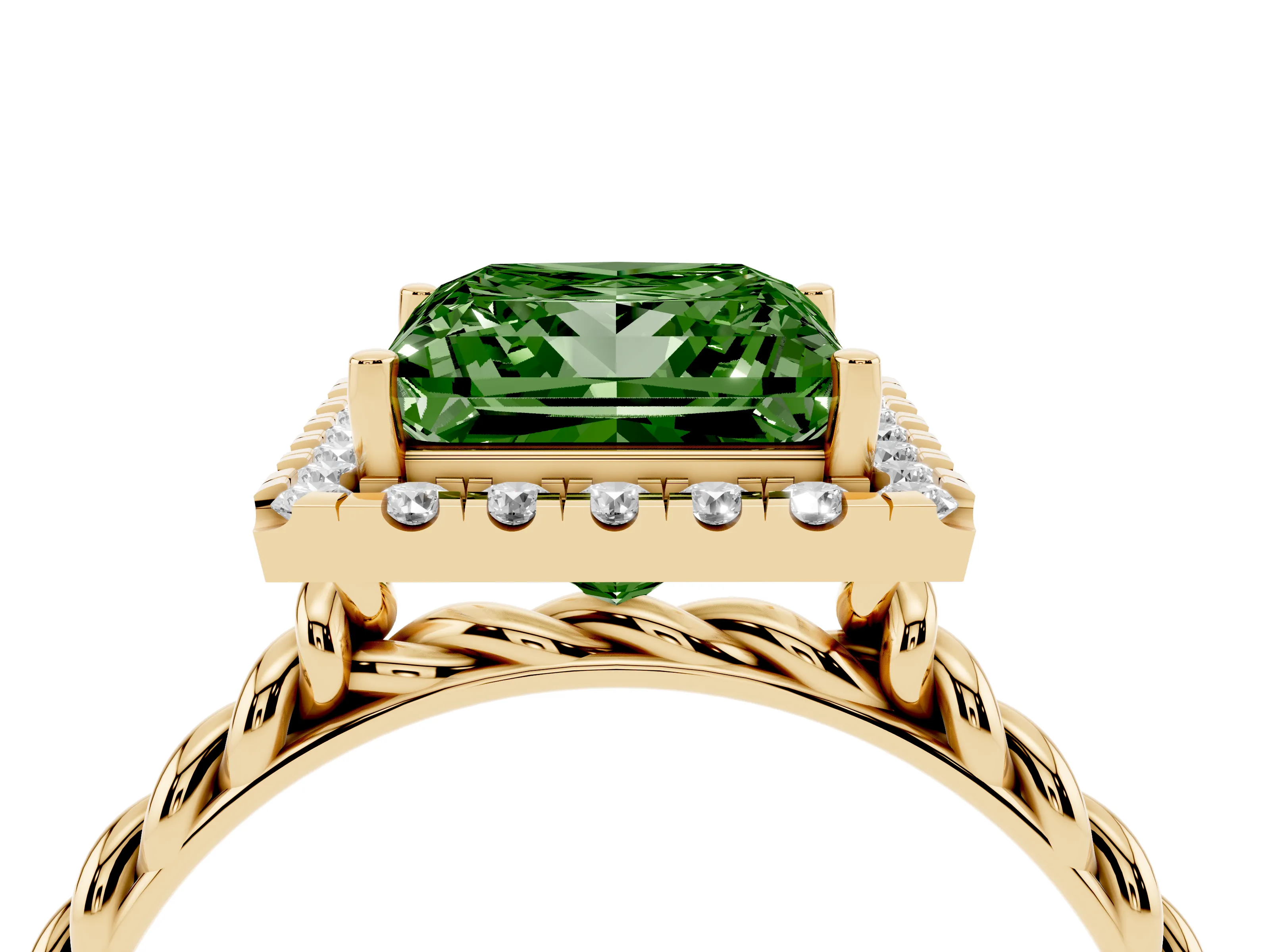 Fancy Green Princess Cut Diamond Halo Ring Set in Yellow gold with Plain Twisted Band