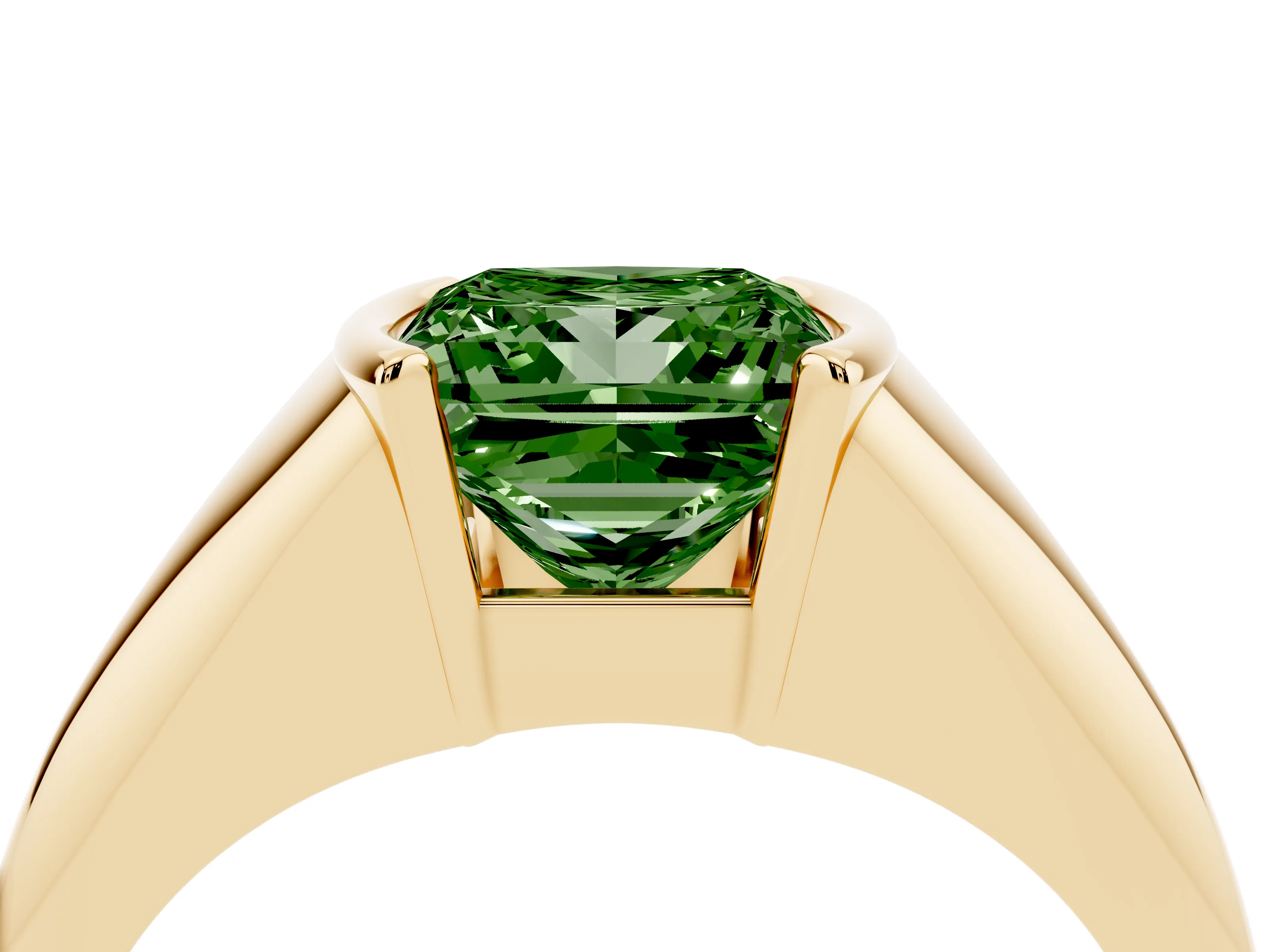Fancy Green Princess Cut Diamond Solitaire Tension Set Ring Set in Yellow gold