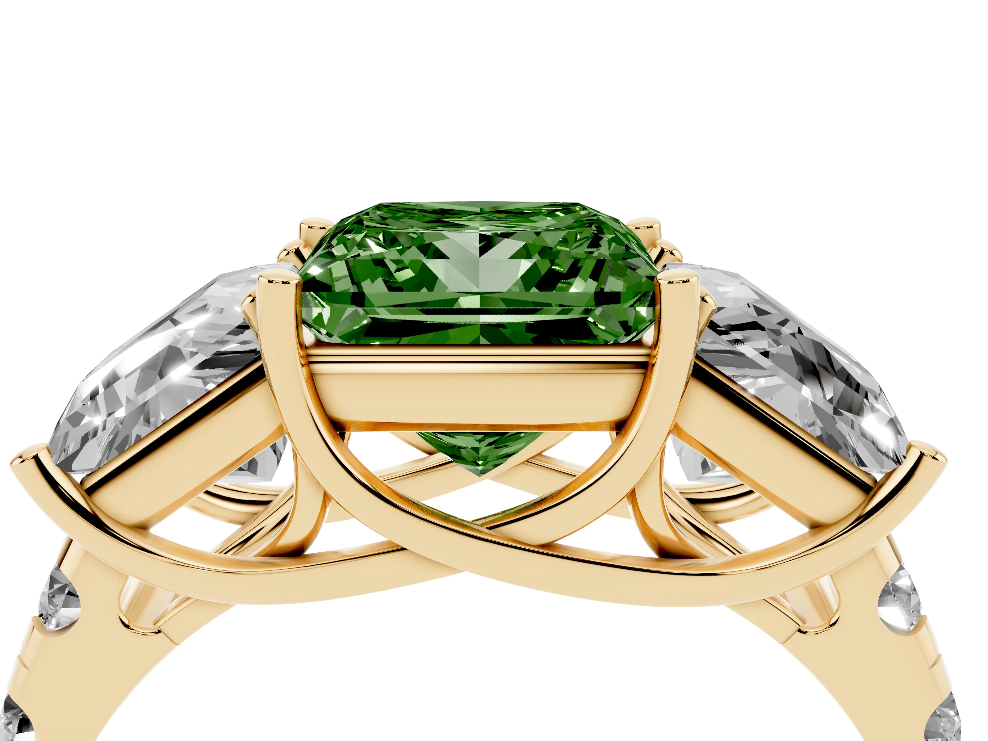 Fancy Green Princess Cut Diamond Three-Stone Ring Set in Yellow gold with Pavé Band