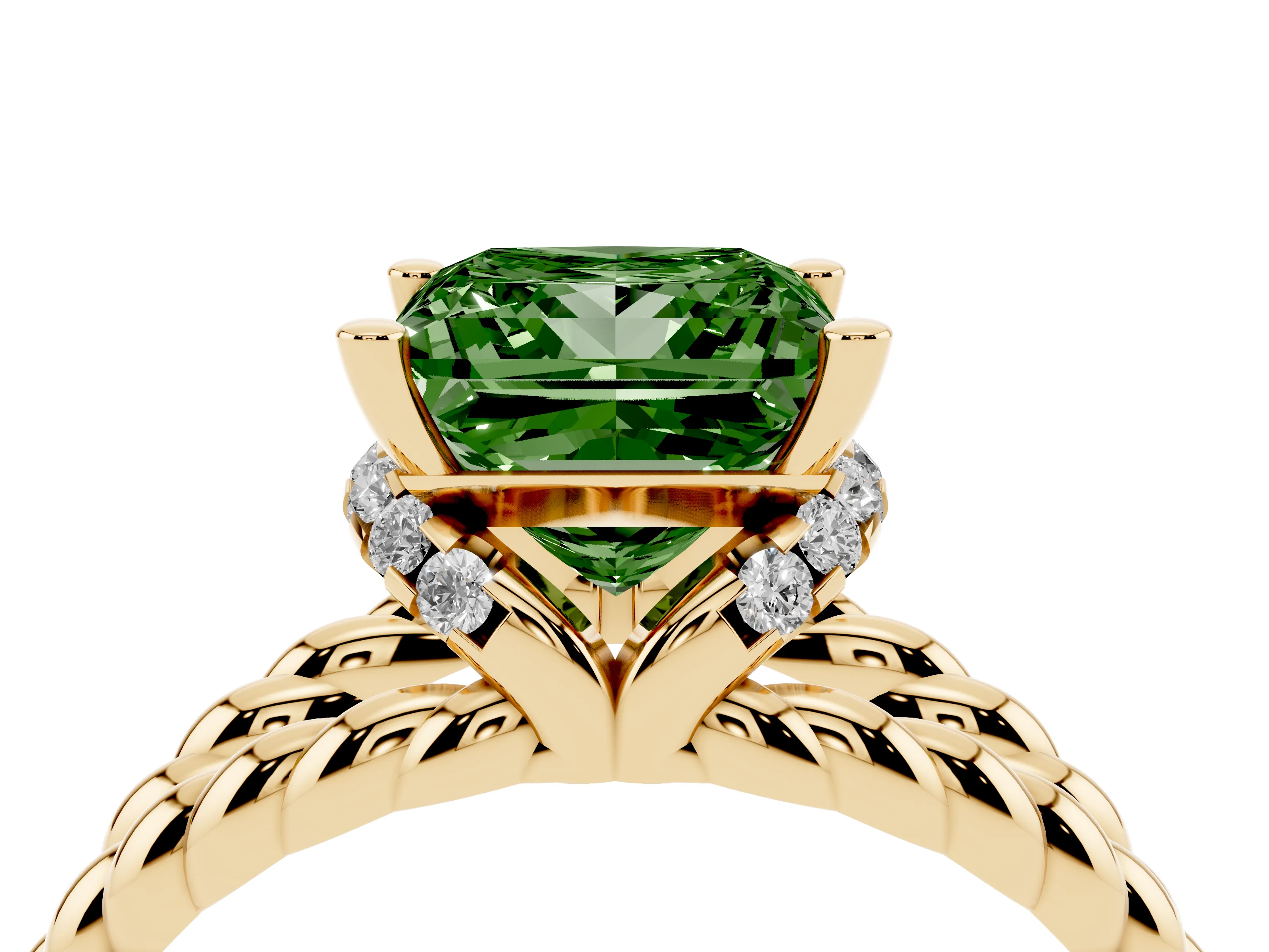 Fancy Green Princess Cut Diamond Halo Ring Set in Yellow gold with Twisted Band and Prong Setting