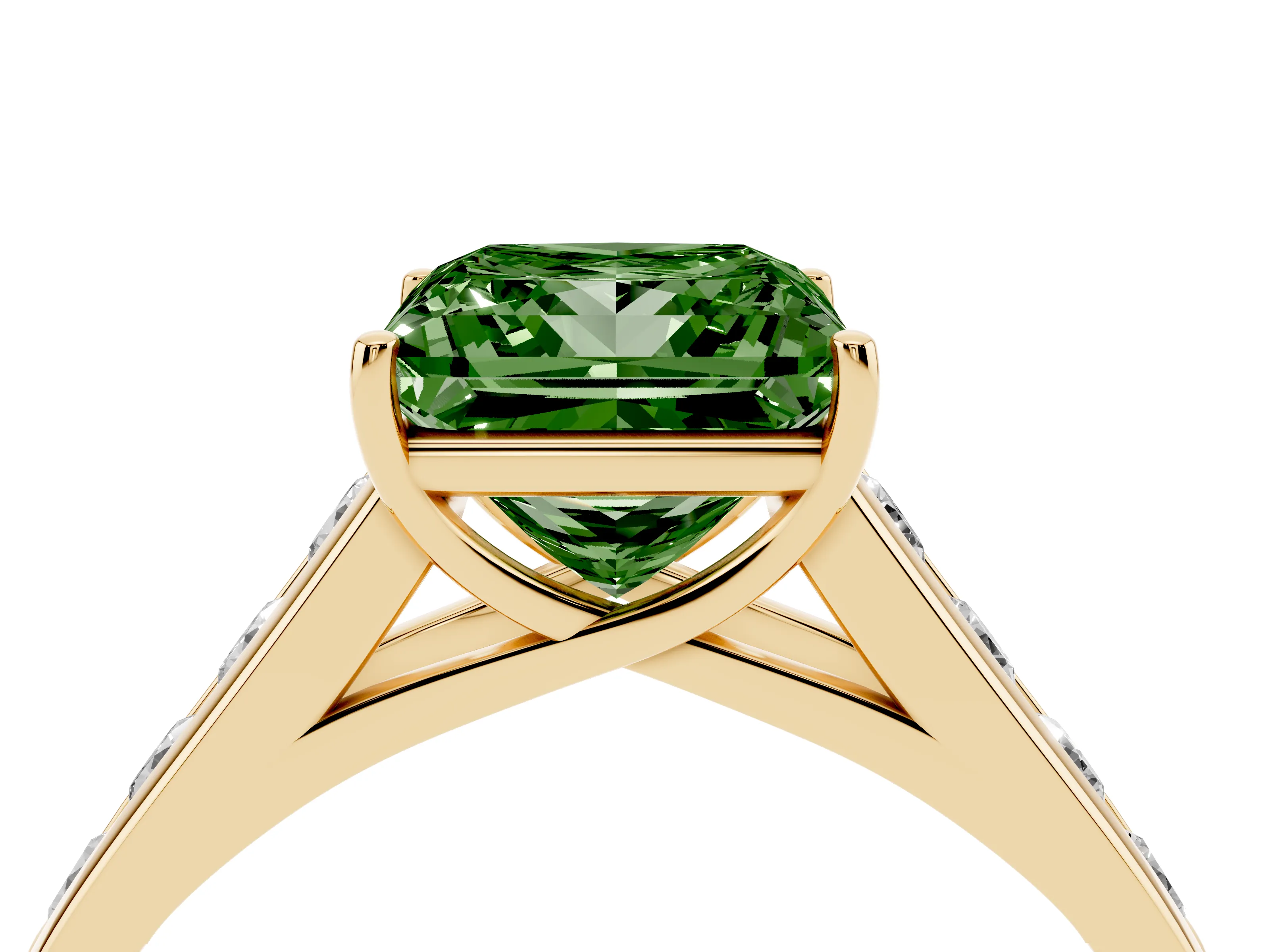 Fancy Green Princess Cut Diamond Solitaire Channel-Set Engagement Ring Set in Yellow gold with Prong Setting