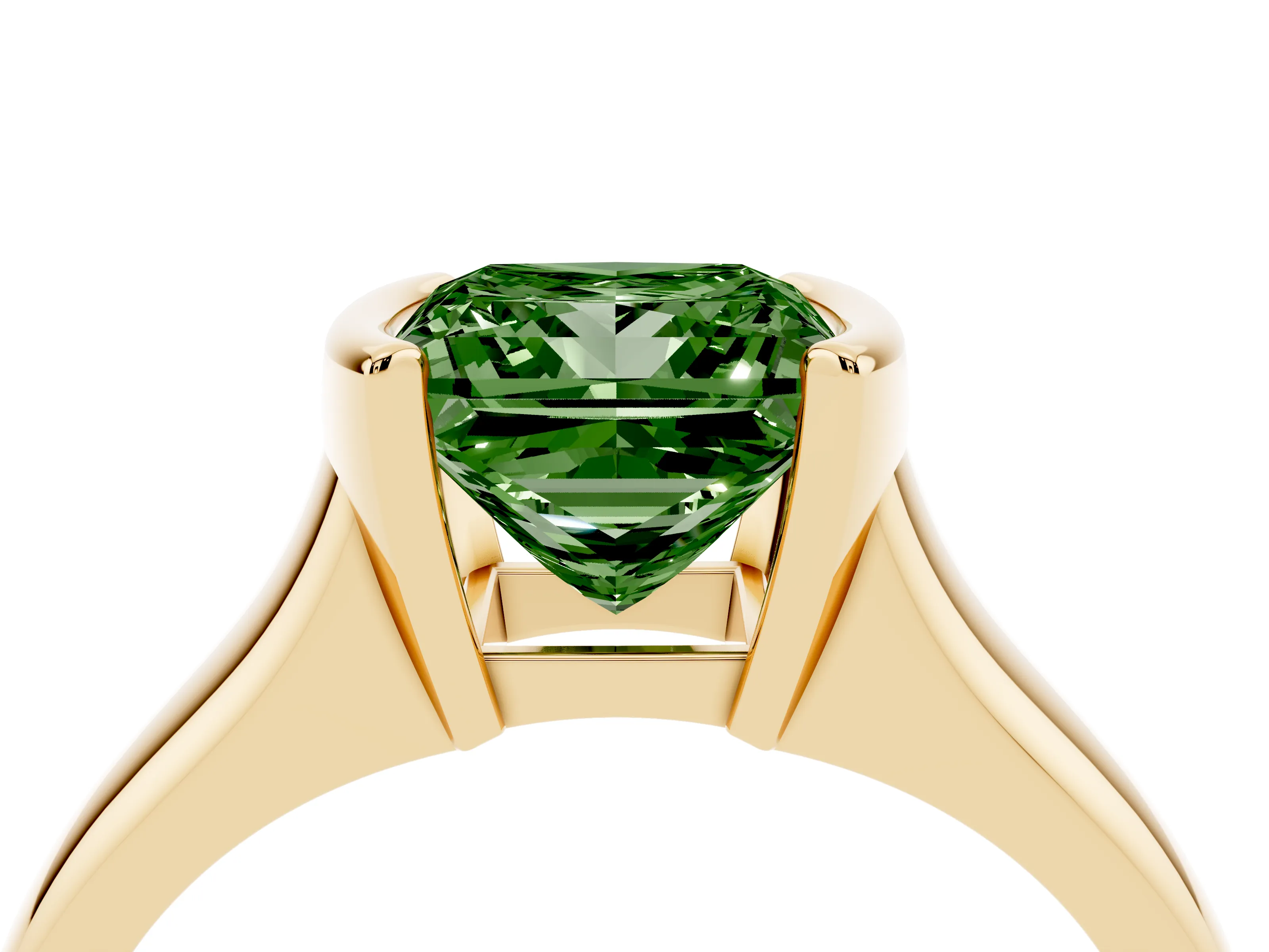 Fancy Green Princess Cut Diamond Solitaire Tension Set Ring Set in Yellow gold with Split Shank Band
